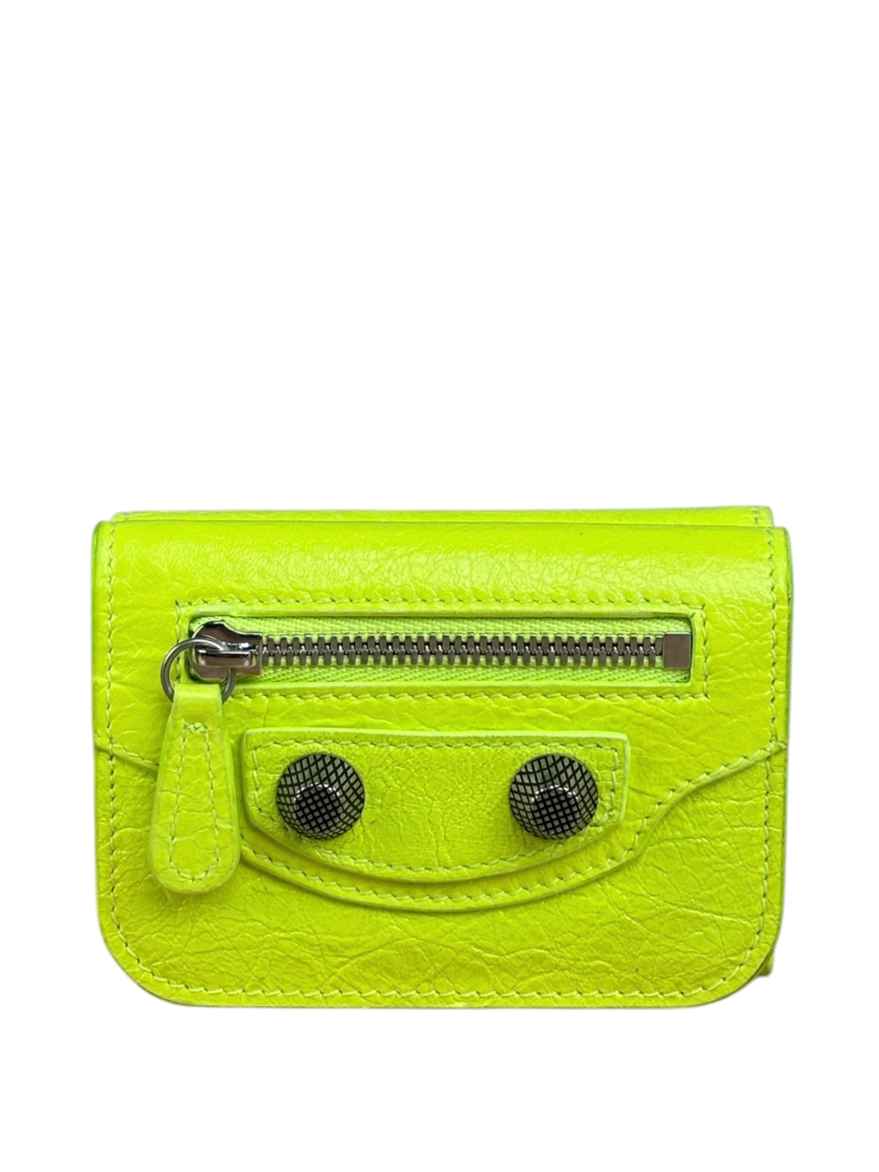 Balenciaga Fluo Neon Yellow Leather Cash Trifold Mini Wallet