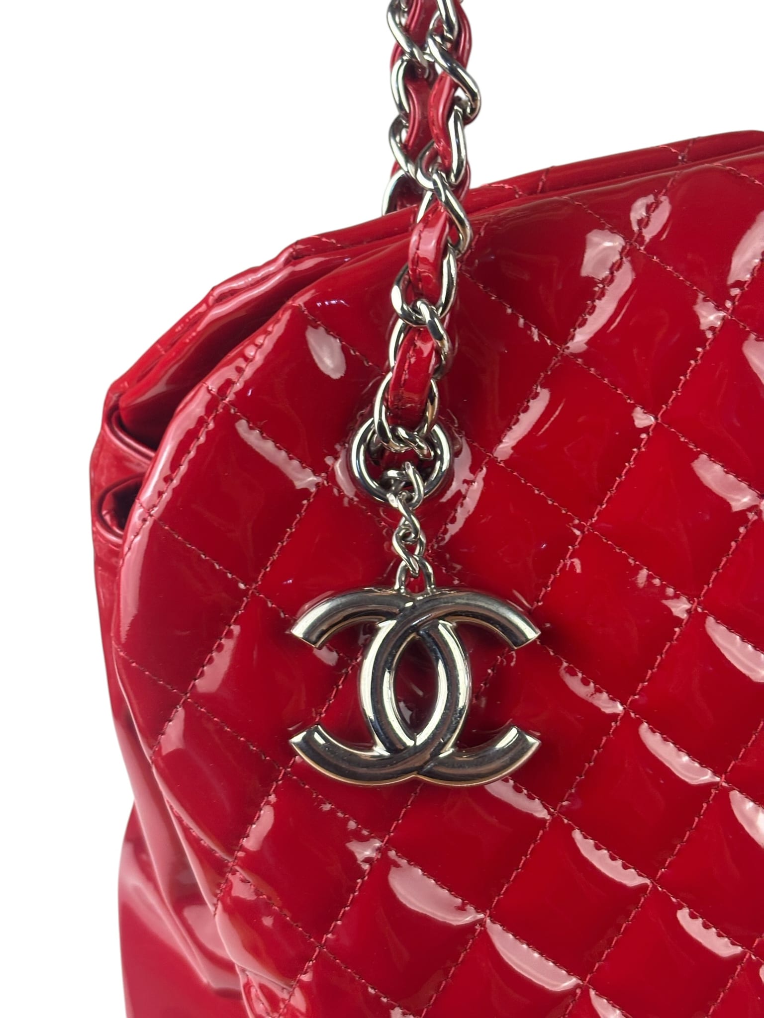 Chanel Red Patent Quilted Leather Large Just Mademoiselle Bowling Bag