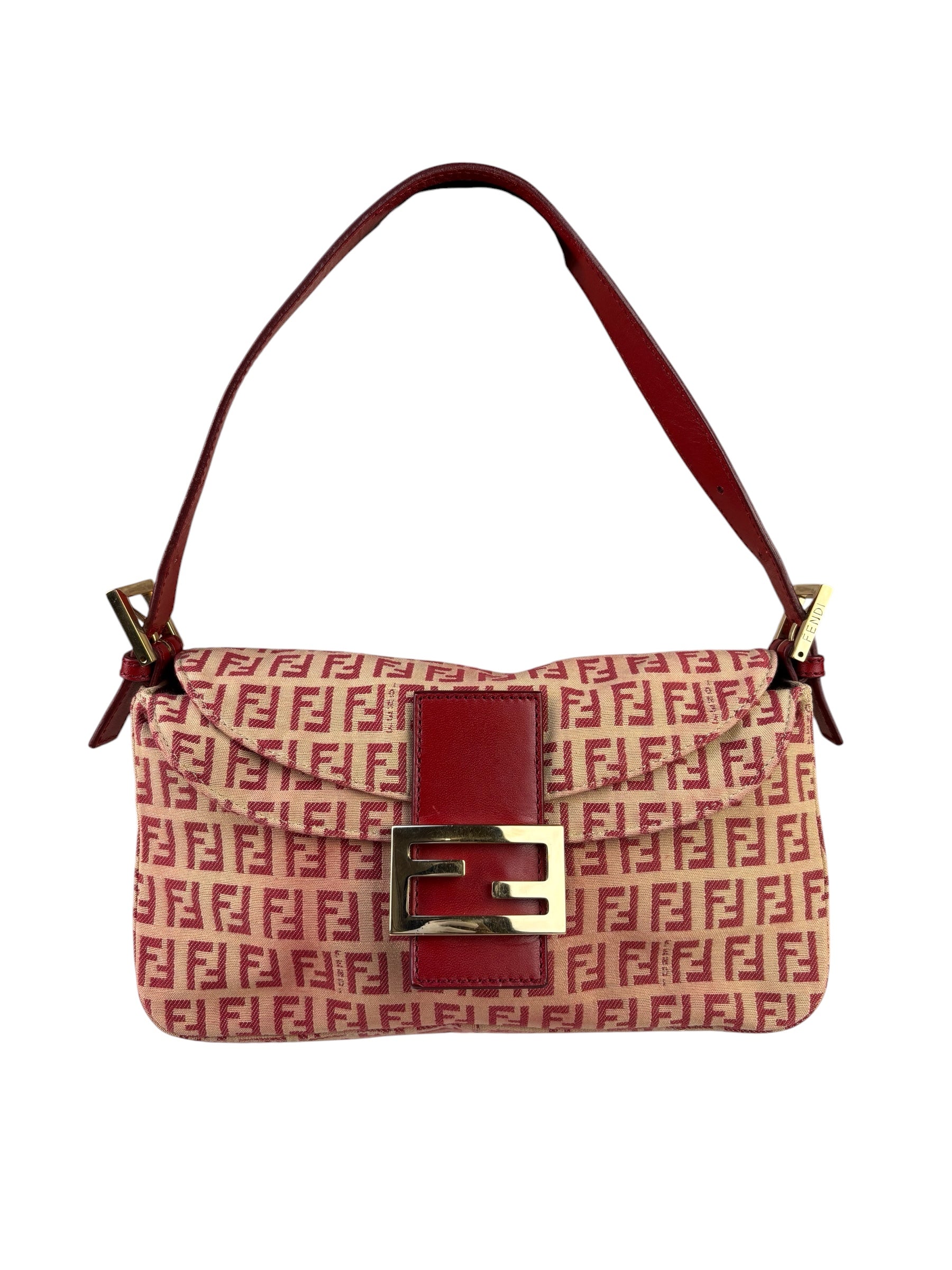 Fendi Red Leather Trim Zucca Baguette