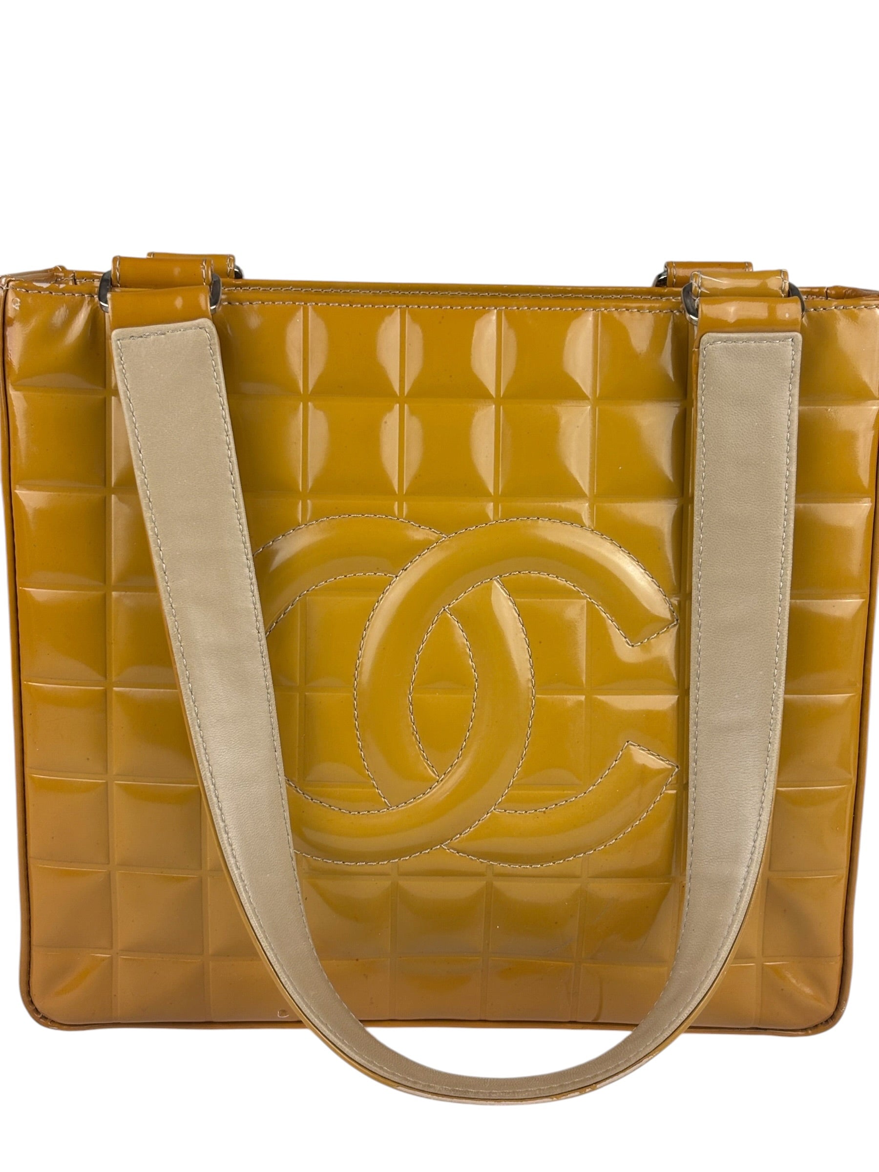 Chanel Vintage Yellow Leather Chocolate Bar Patent Tote Bag 2002