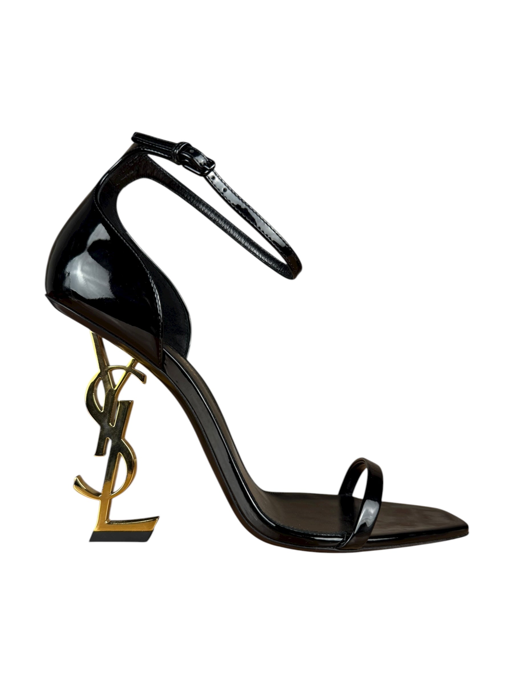 Saint Laurent Glossy Black Gold Logo Heels