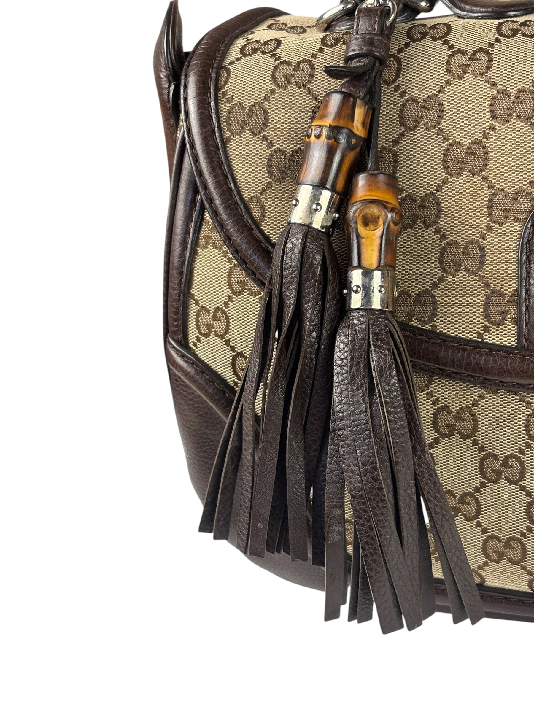 Gucci Brown Leather Trim GG Bamboo Handle Two-Way Bag