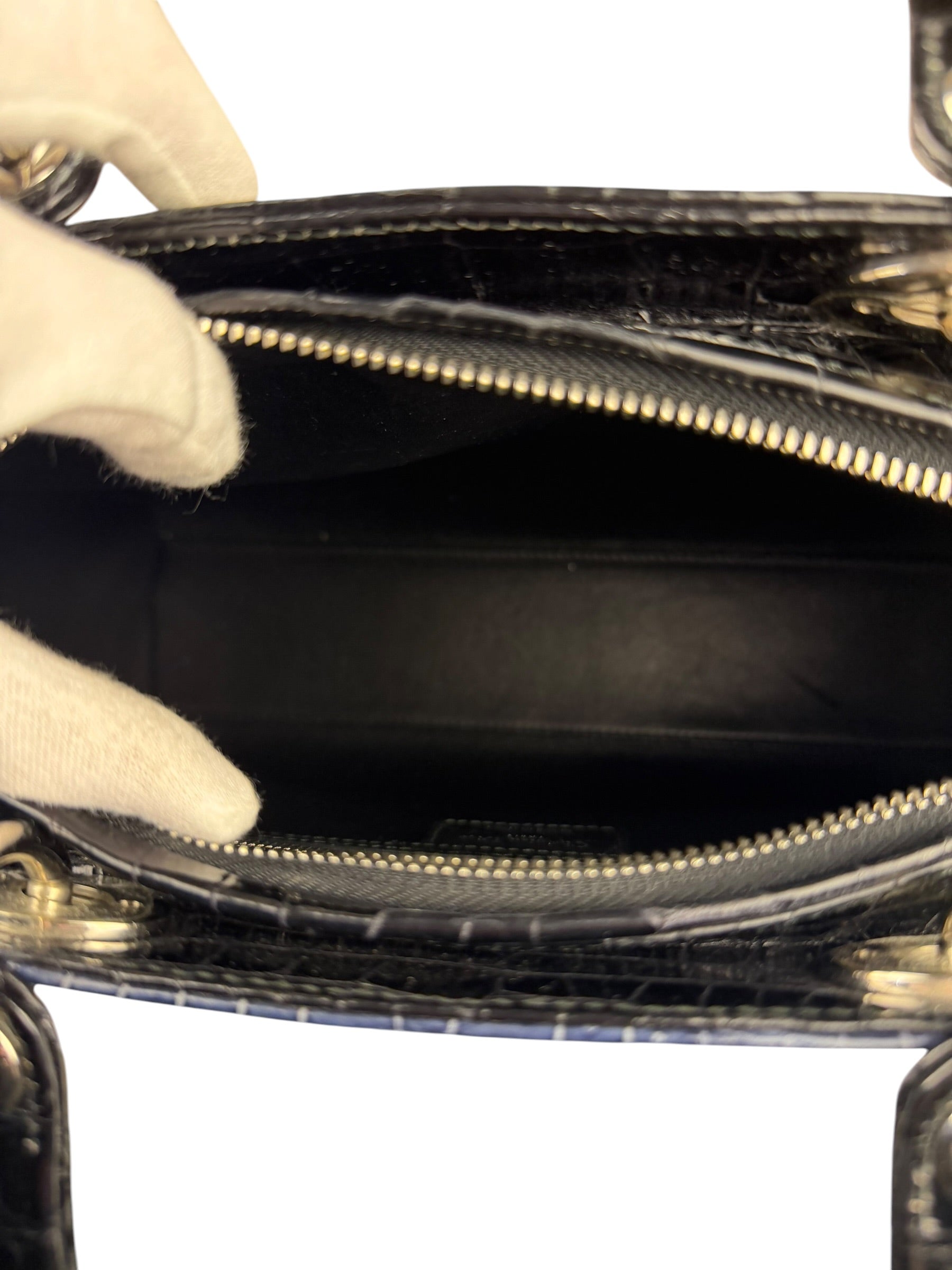 Christian Dior Rare Black/Navy Croc Embossed Lady Dior Handbag