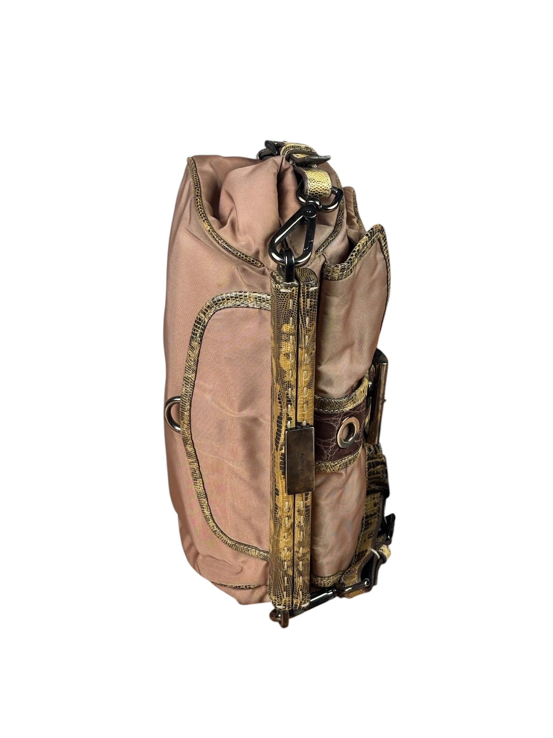 Prada Soft Dusty Rose Tessuto Nylon Snakeskin Trim Multi-Pocket Shoulder Bag