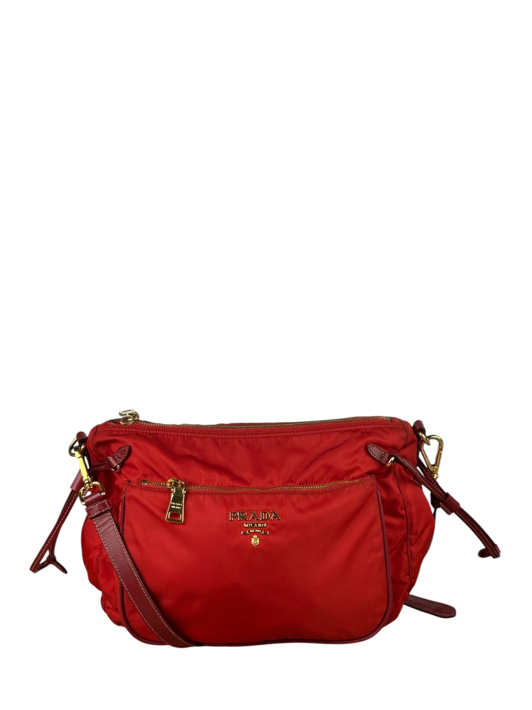 Prada Rosso Red Tessuto Nylon/Saffiano Leather Trim Shoulder Bag