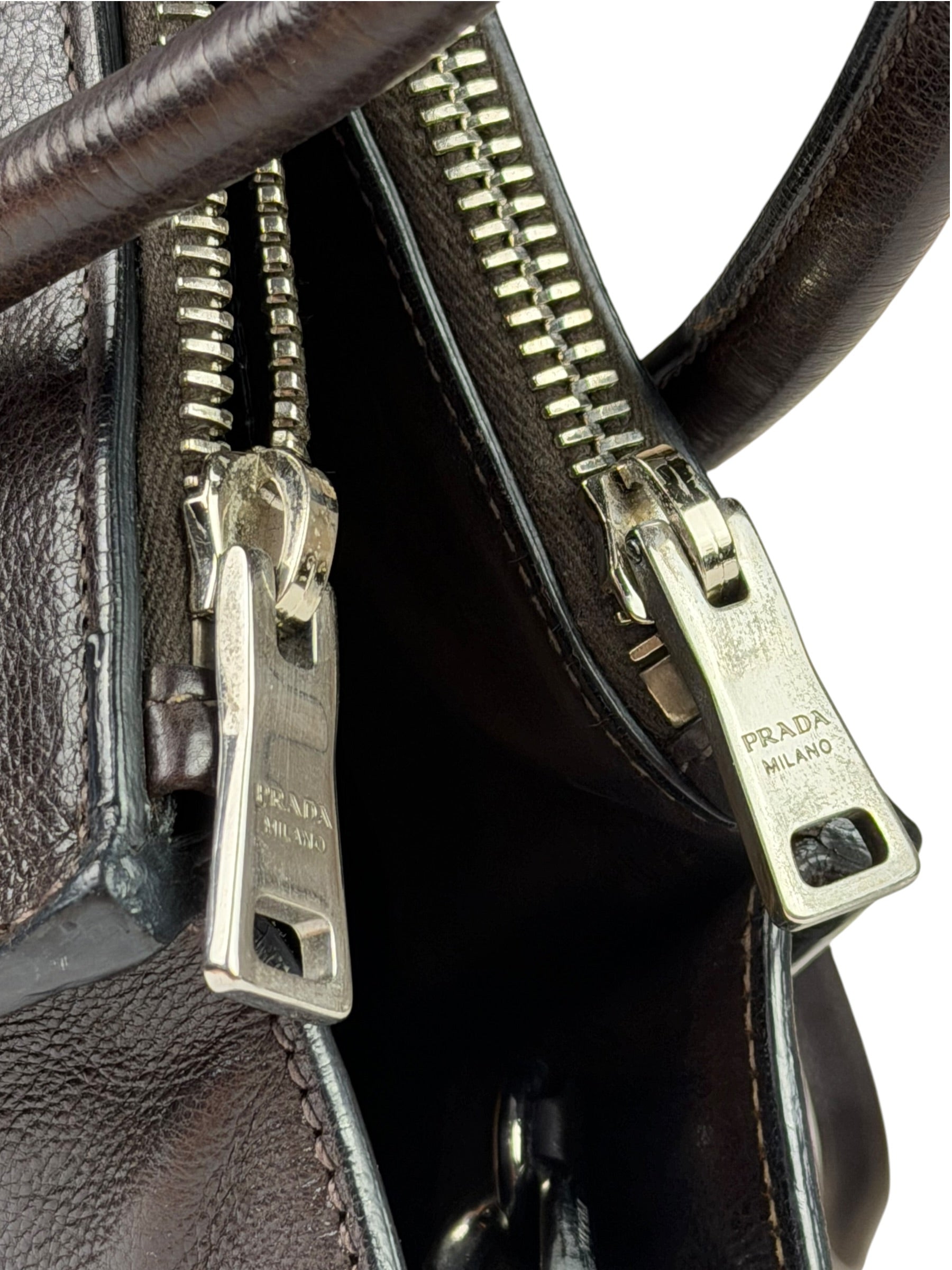 Prada Dark Brown Calf Leather Glace Twin-Pocket Tote