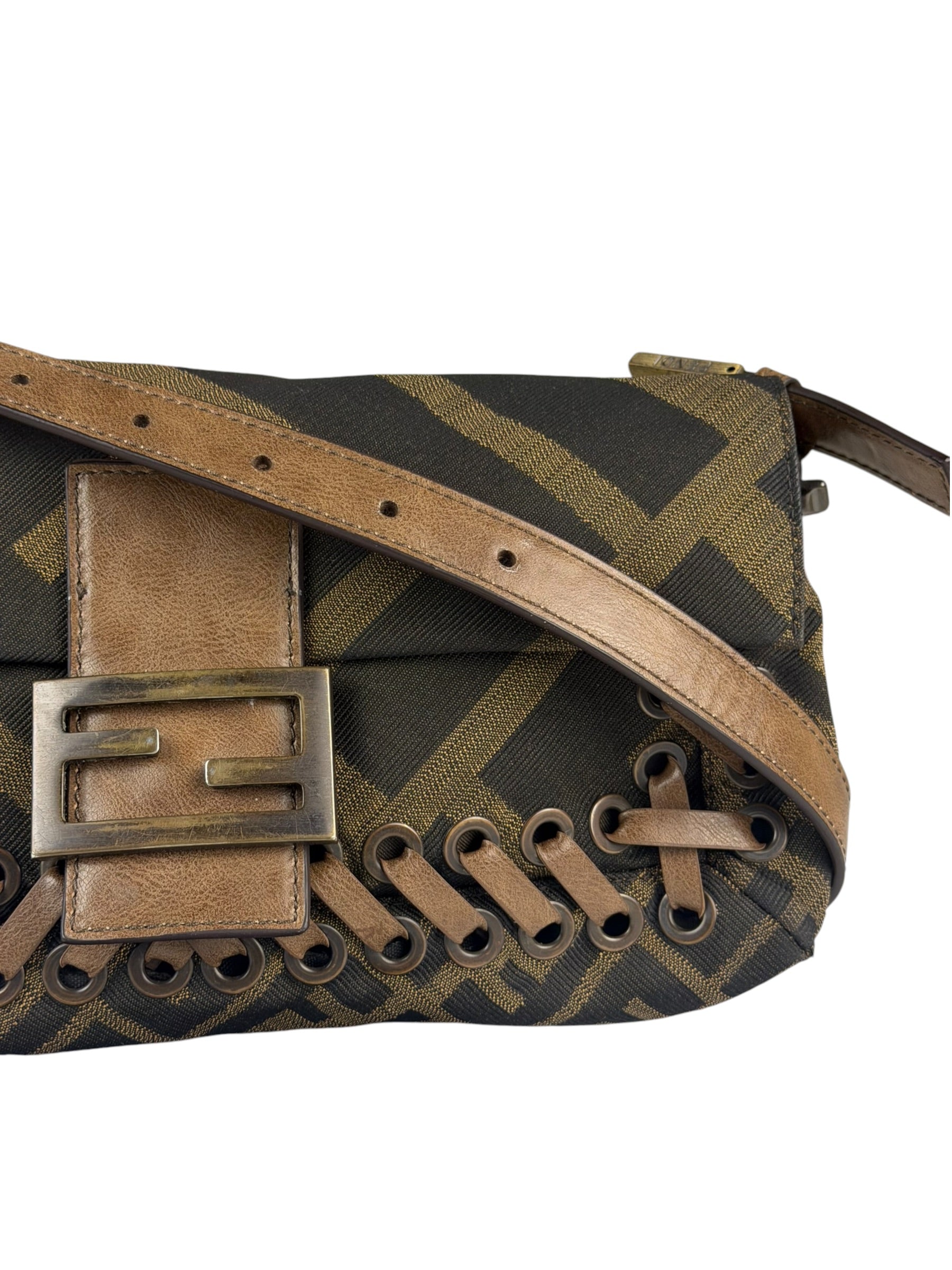 Fendi Vintage Brown Leather Trim Zucca Whipstitch XL Baguette