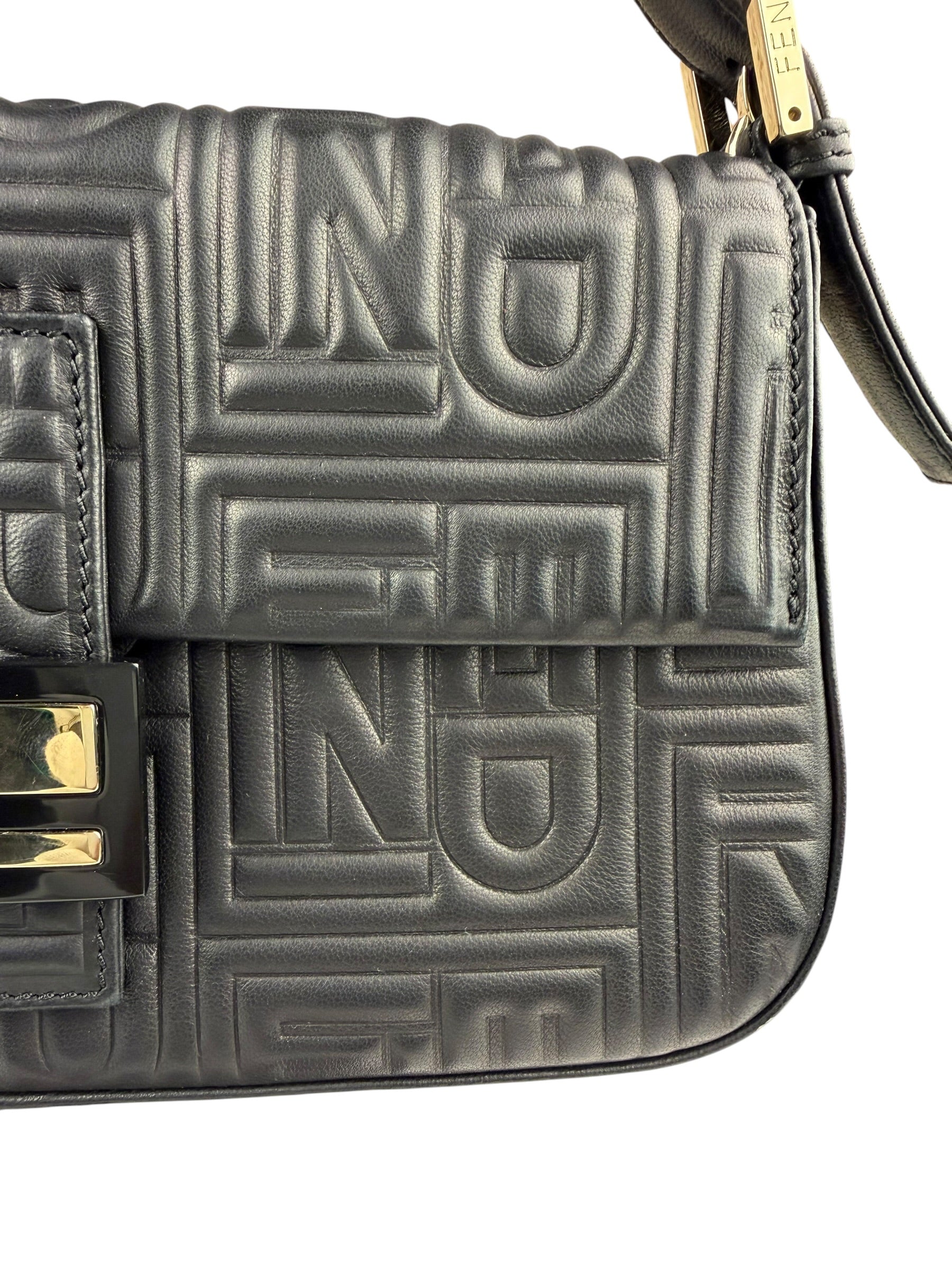 Fendi Black Leather 3D Logo Embossed Baguette