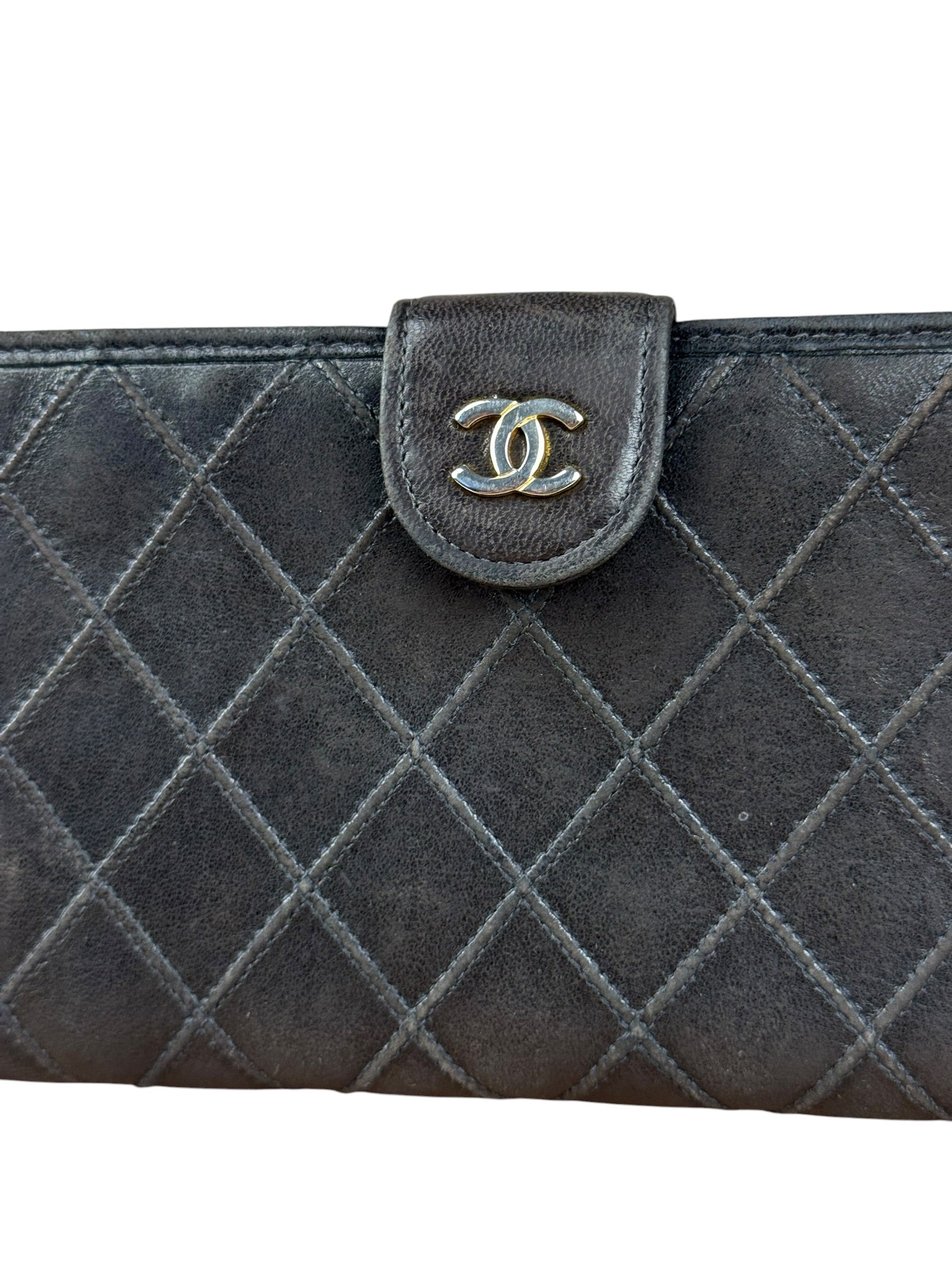 Chanel Vintage Dark Brown Leather Quilted CC Long Wallet