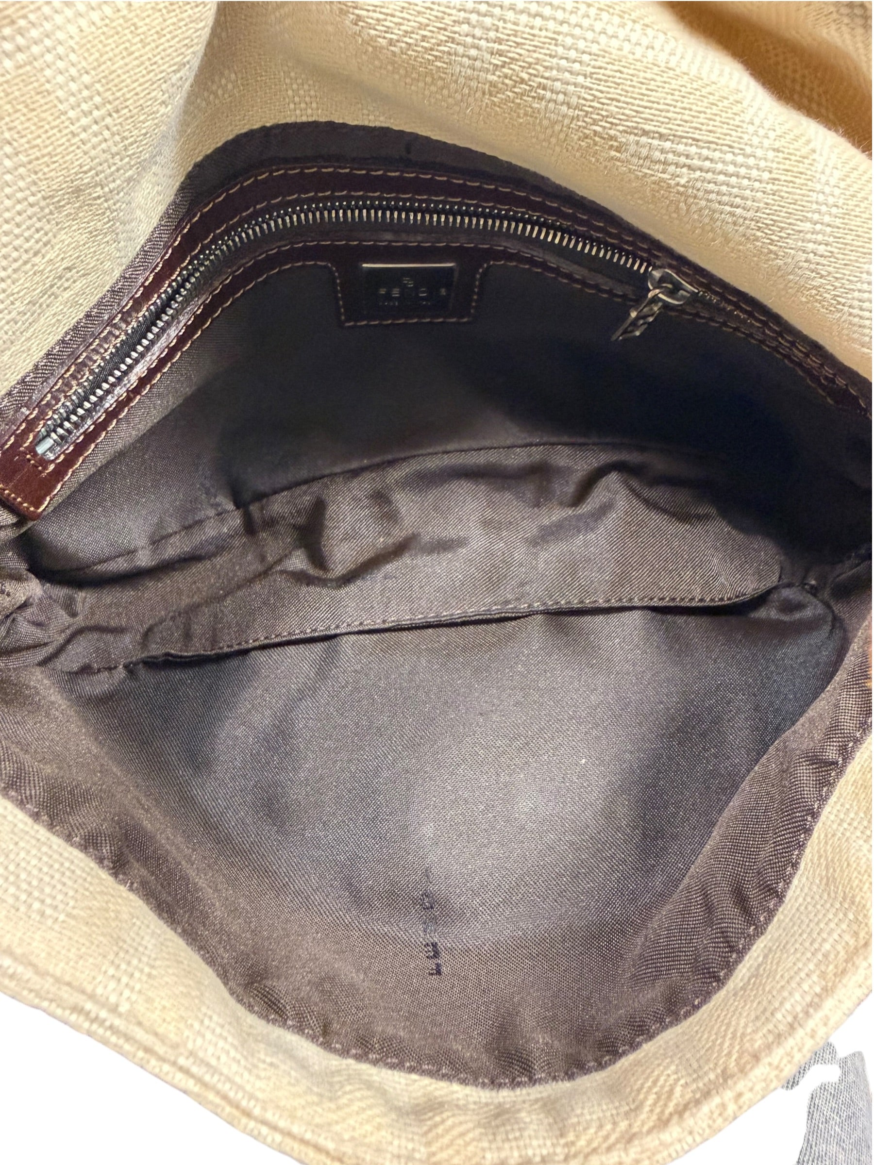 Fendi Cream/Brown Leather Trim Zucca Baguette