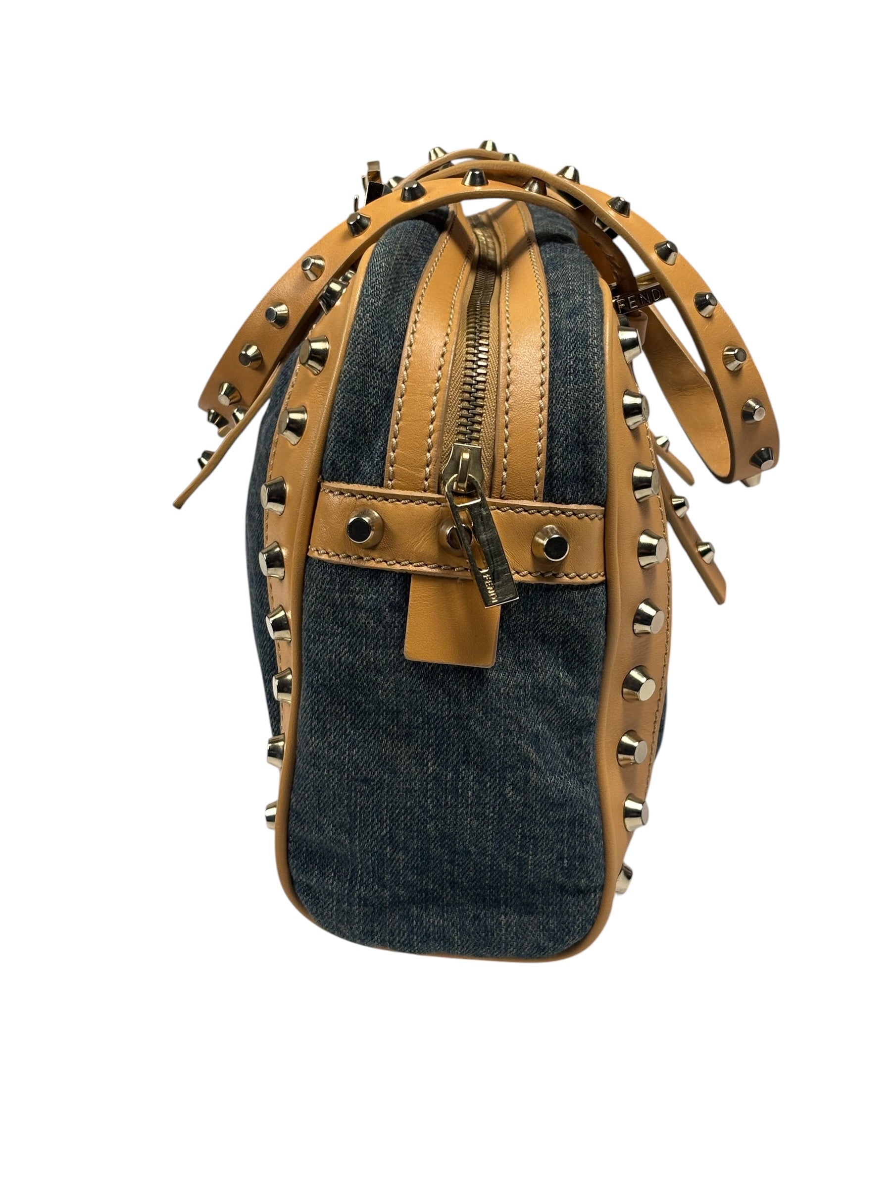 Fendi Blue/Brown Denim/Leather Trim Studded Shoulder Bag