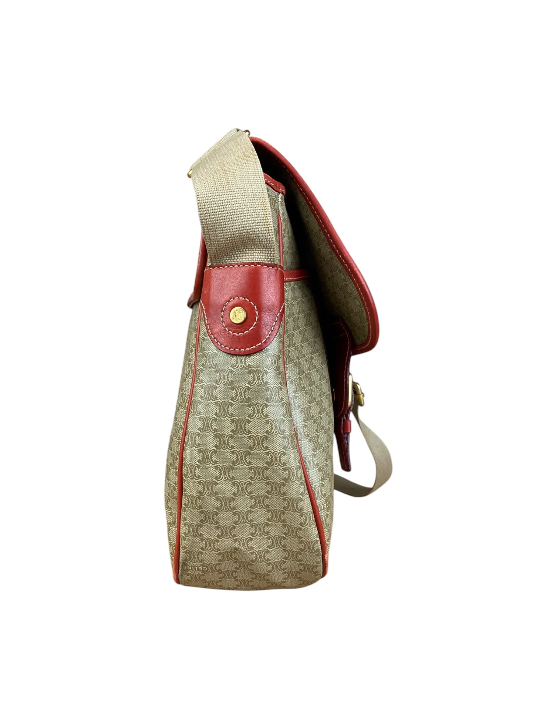 Celine Vintage Macadam Print Red Lined Flap Messenger Bag