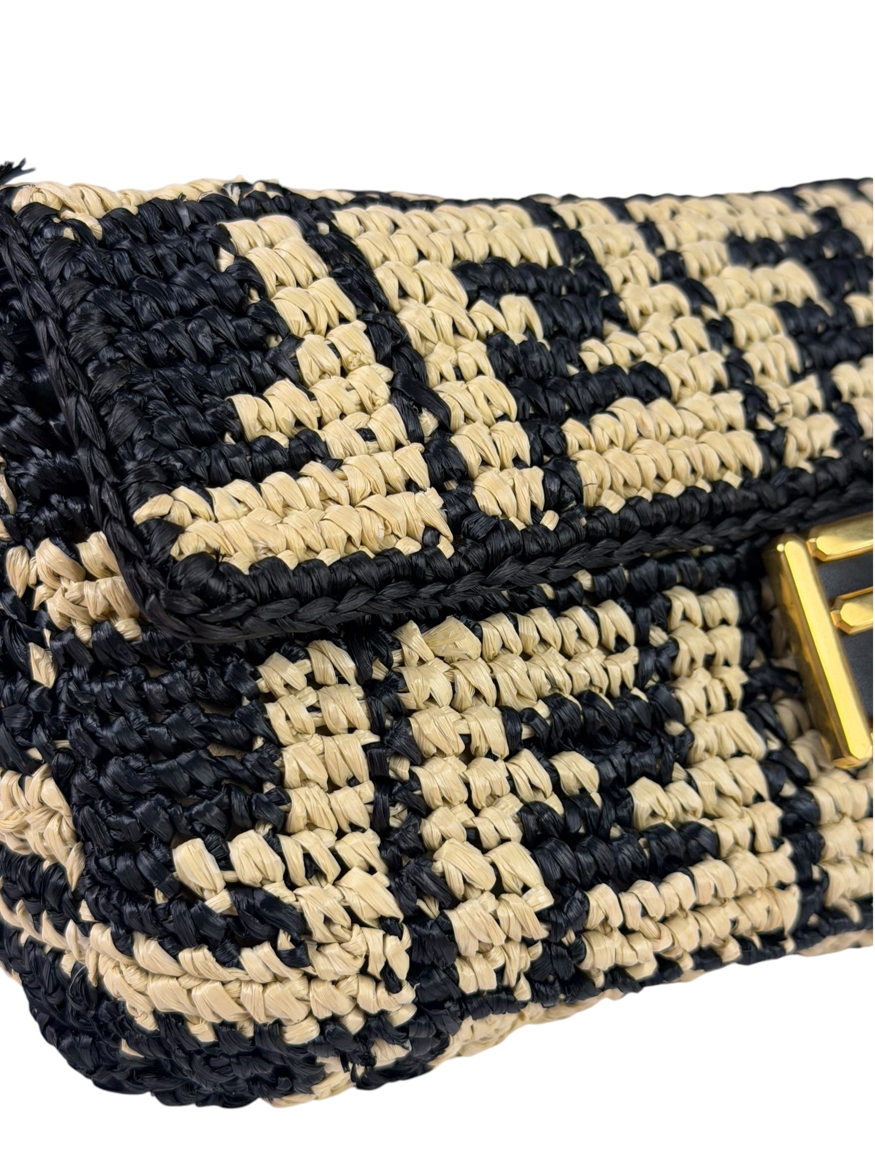Fendi Black Raffia Zucca Shoulder Baguette