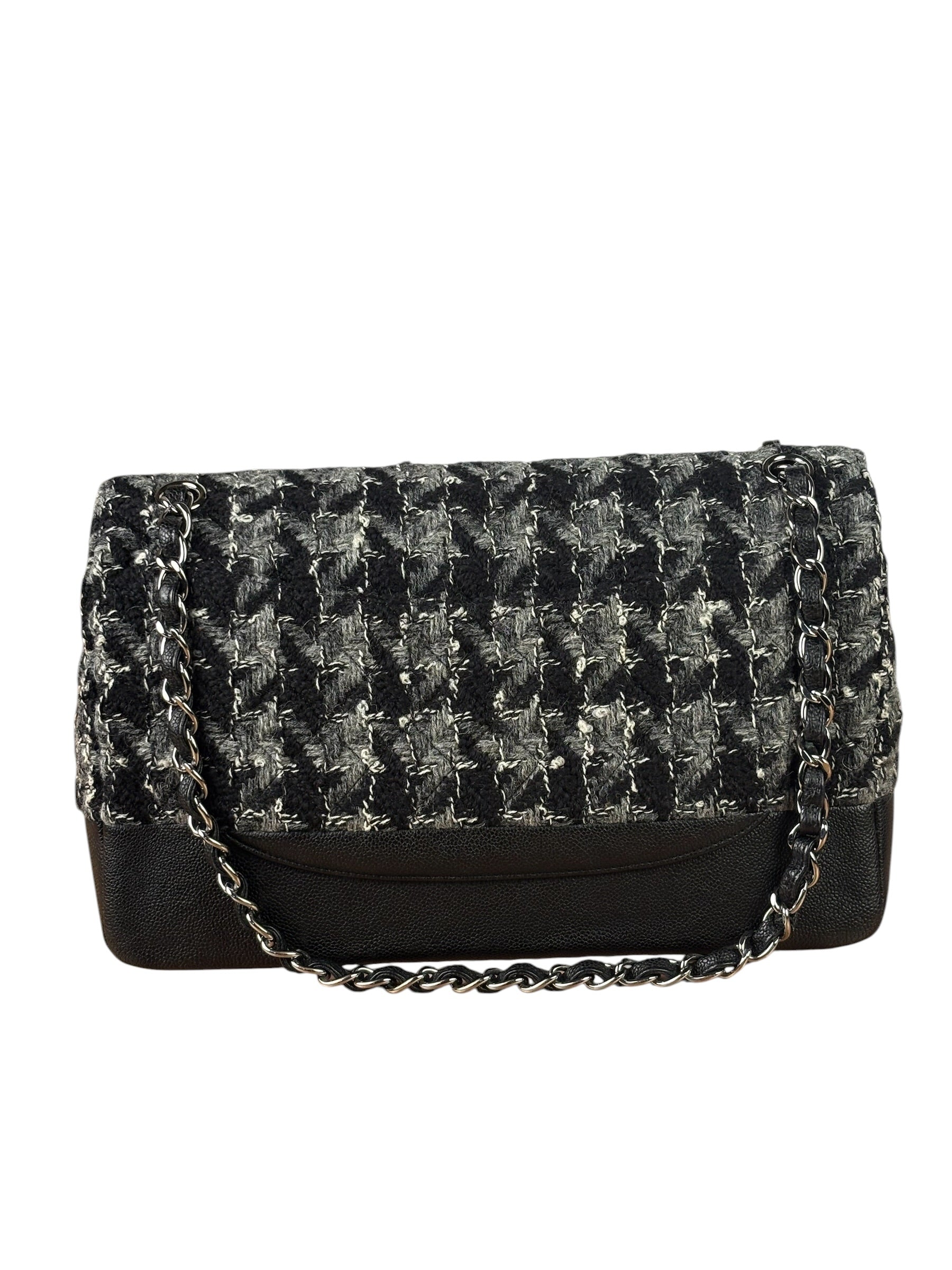 Chanel Black Tweed/Caviar Leather Houndstooth Double Flap Bag 2017