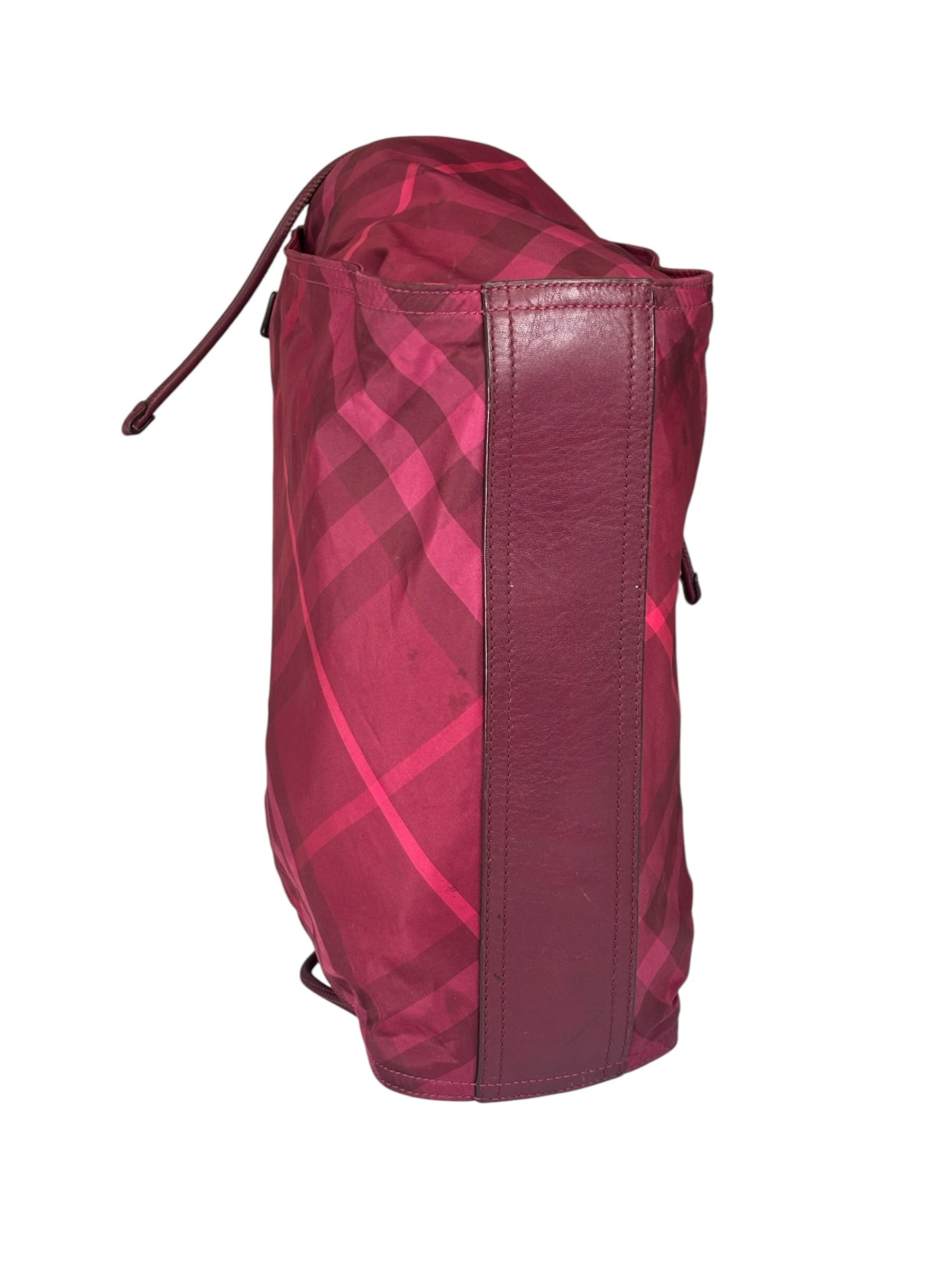 Burberry Plum Nylon/Leather Trim Nova Check Buckleigh Packable Tote