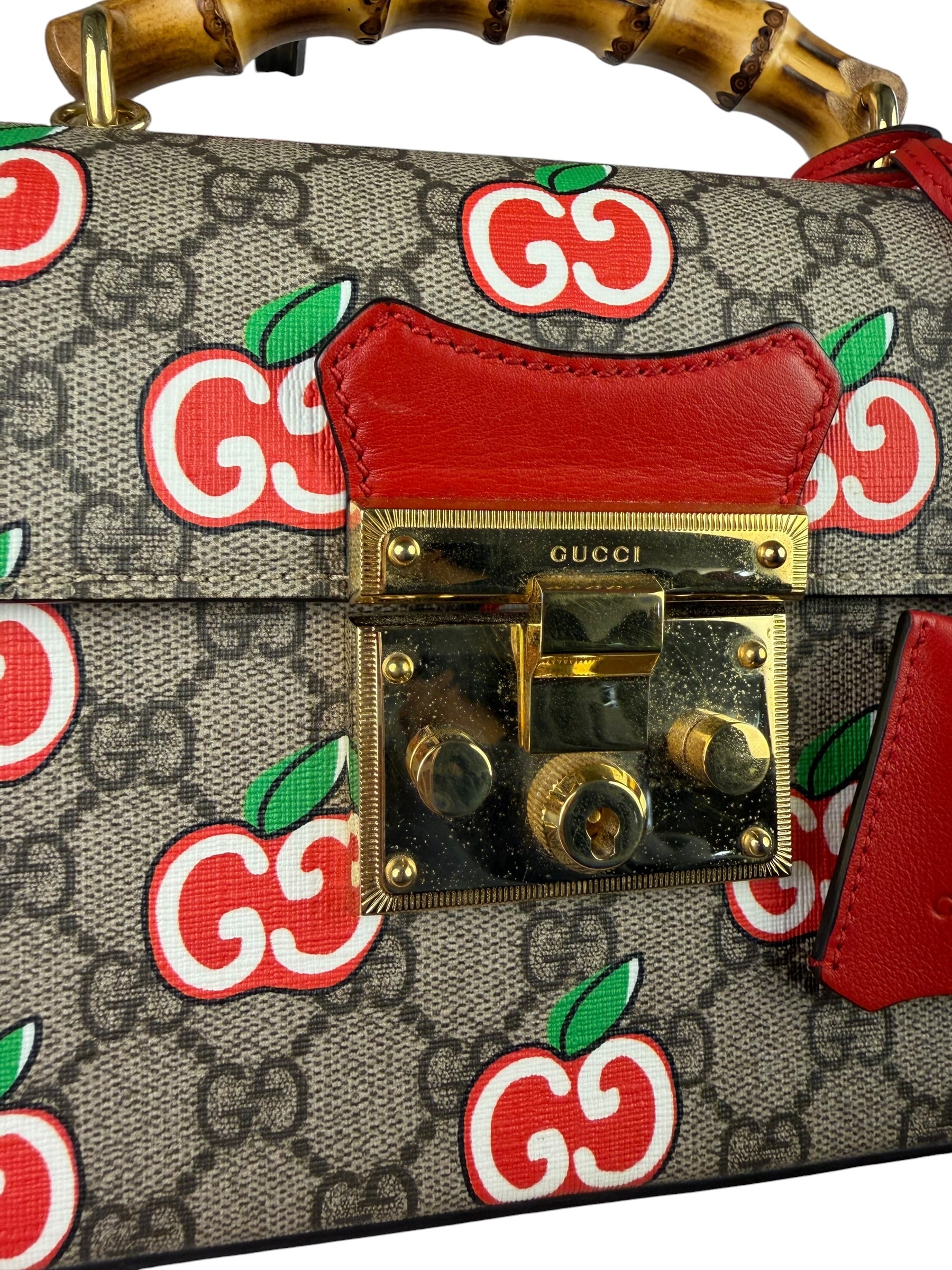 Gucci Red/Beige Leather GG Apple Print Padlock Bamboo Handbag
