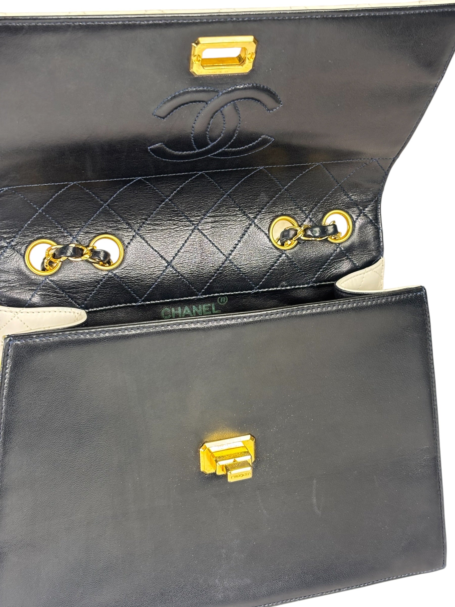 Chanel Vintage White/Black Quilted Lambskin Trapezoid Flap Bag 1990's