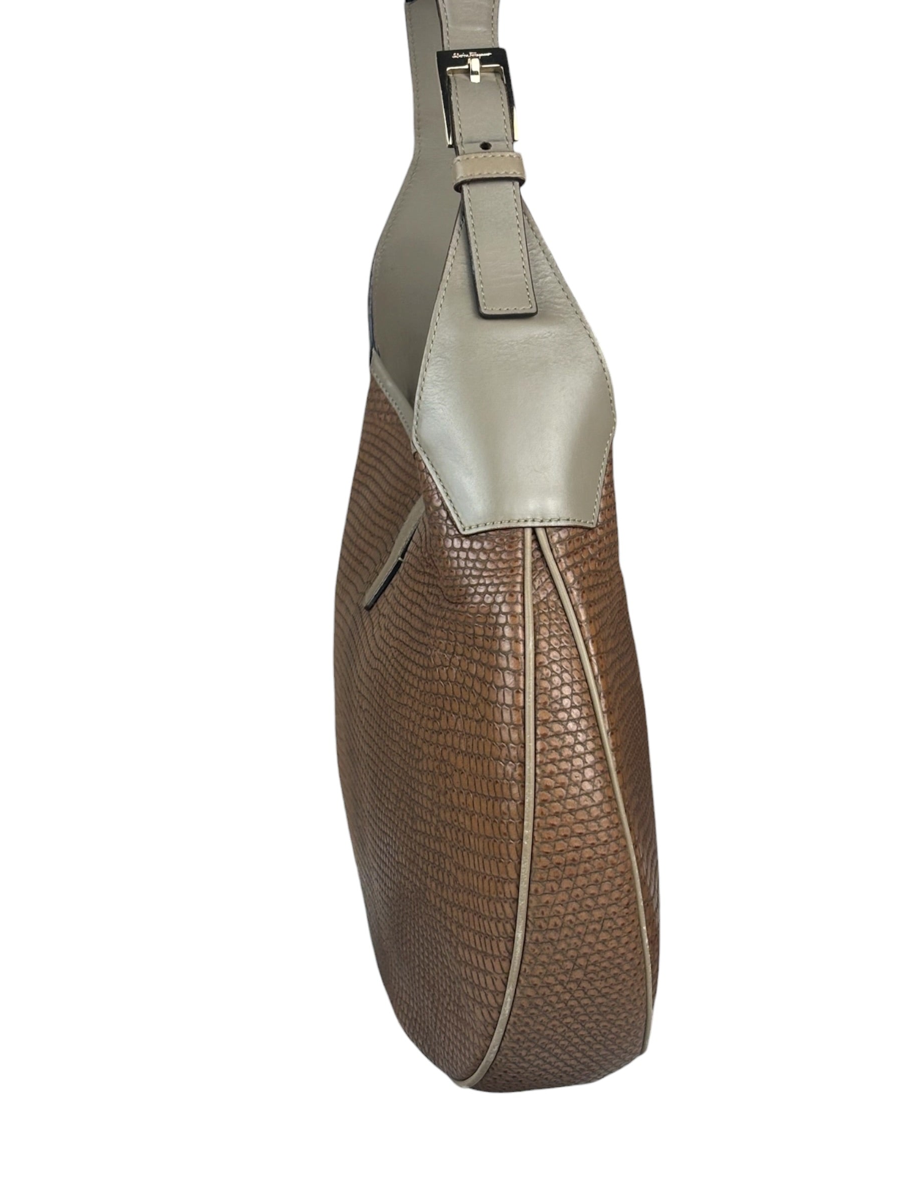 Salvatore Ferragamo Brown Lizard-Embossed Hobo Bag