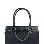 Gucci Black Leather Trim GG Horsebit Chain Shoulder Bag