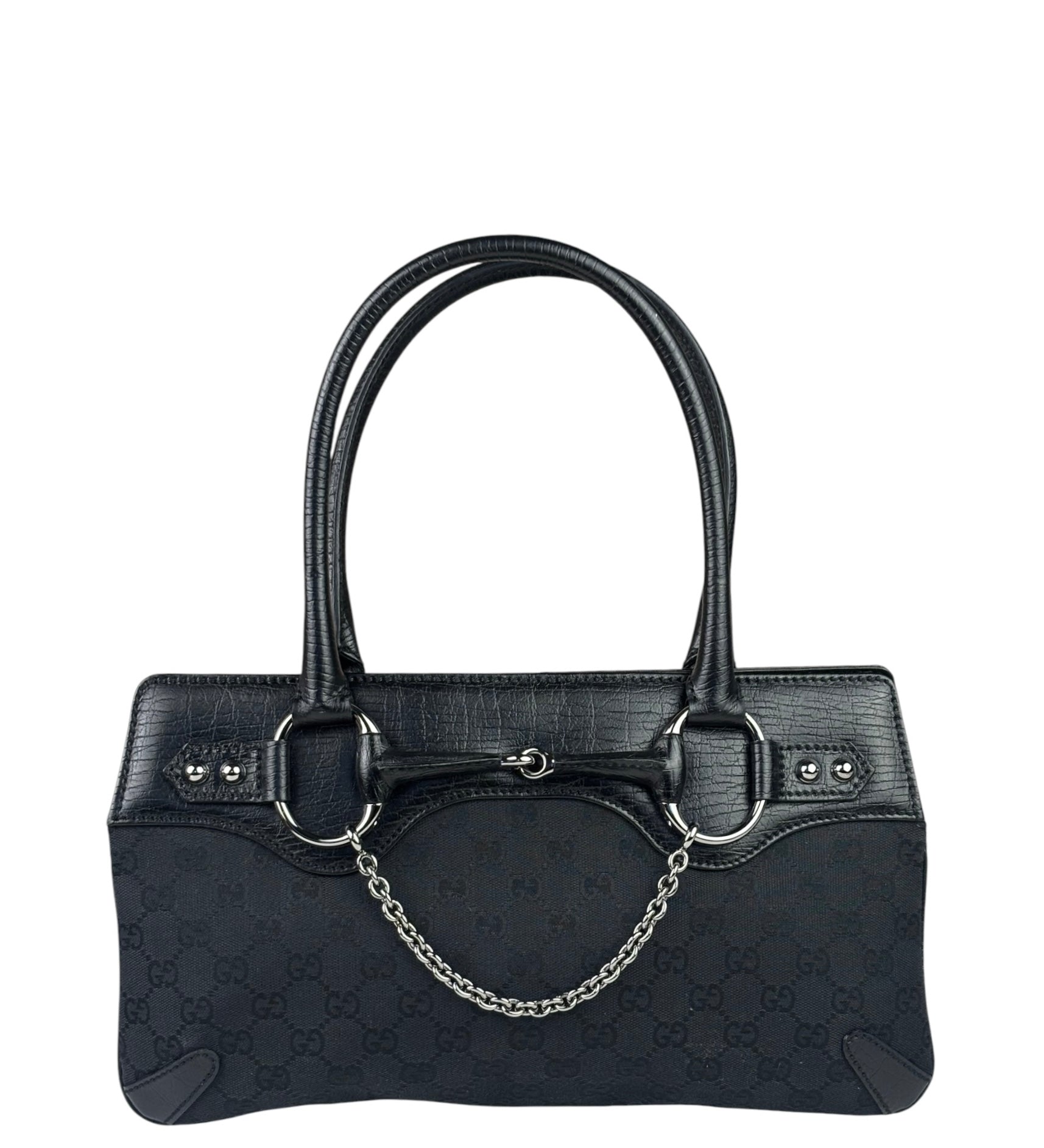 Gucci Black Leather Trim GG Horsebit Chain Shoulder Bag