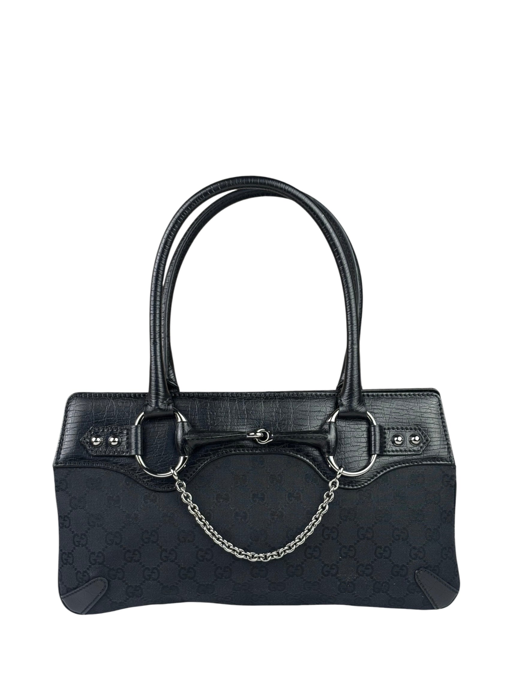 Gucci Black Leather Trim GG Horsebit Chain Shoulder Bag