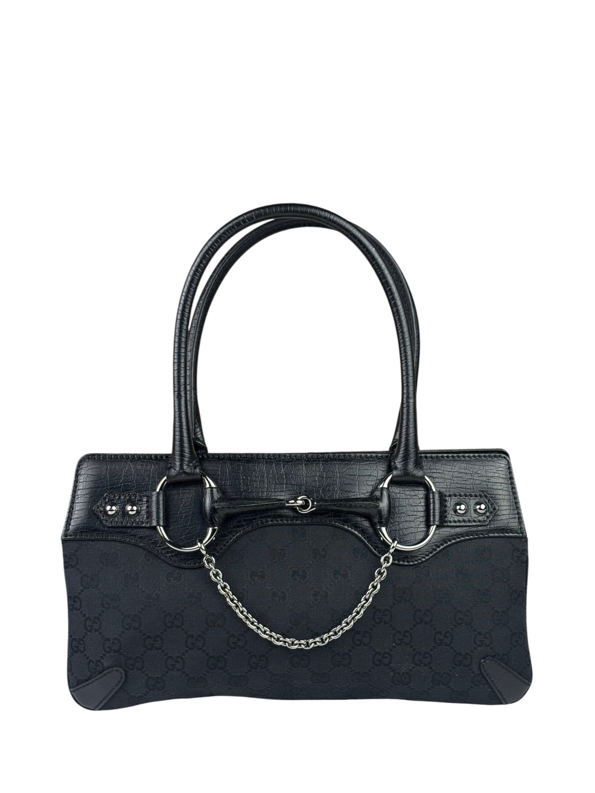 Gucci Black Leather Trim GG Horsebit Chain Shoulder Bag