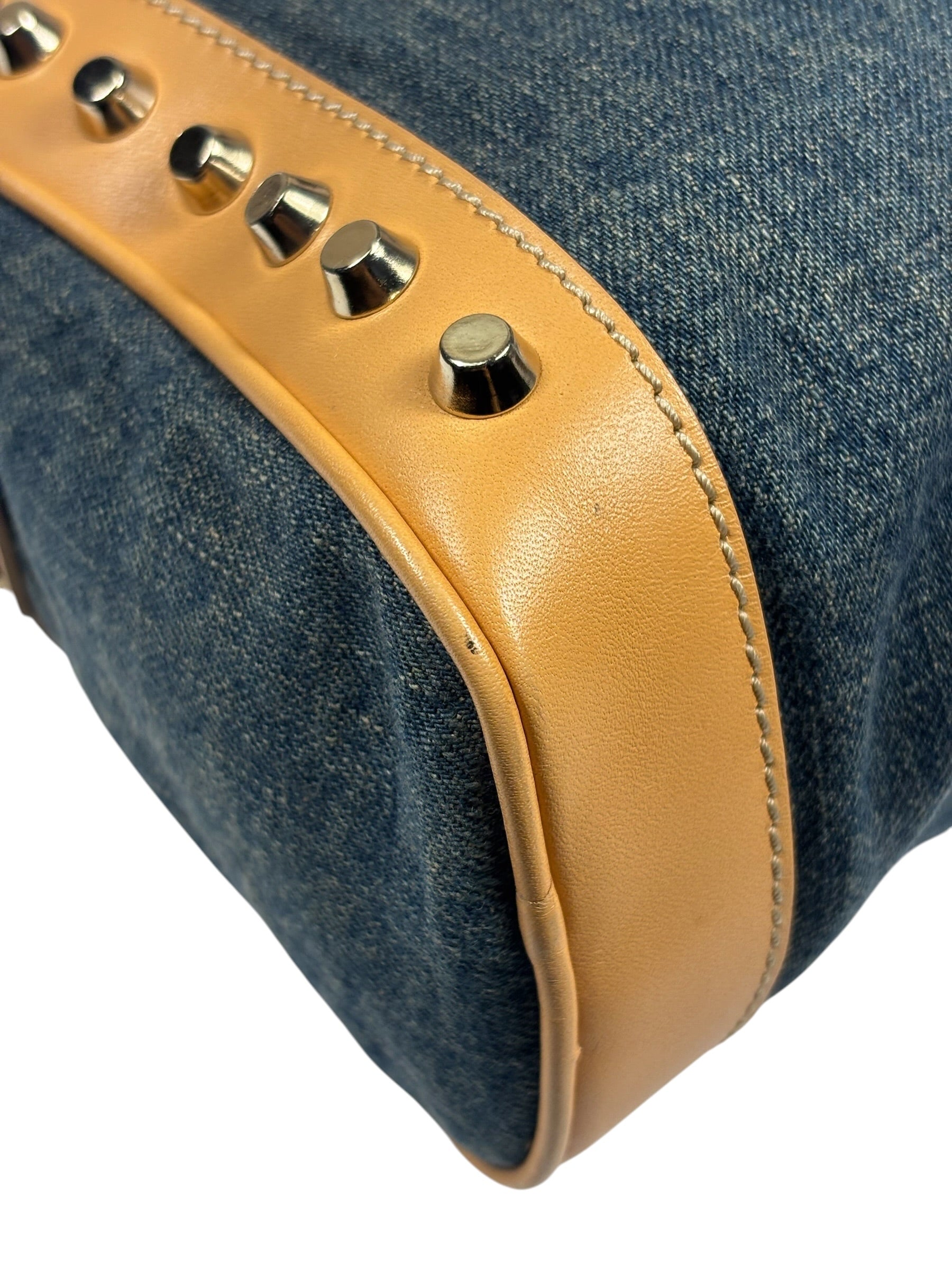 Fendi Blue/Brown Denim/Leather Trim Studded Shoulder Bag