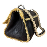Chanel Black Leather Raffia Fringe CC Flap Shoulder Bag 2009