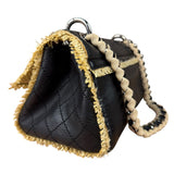 Chanel Black Leather Raffia Fringe CC Flap Shoulder Bag 2009