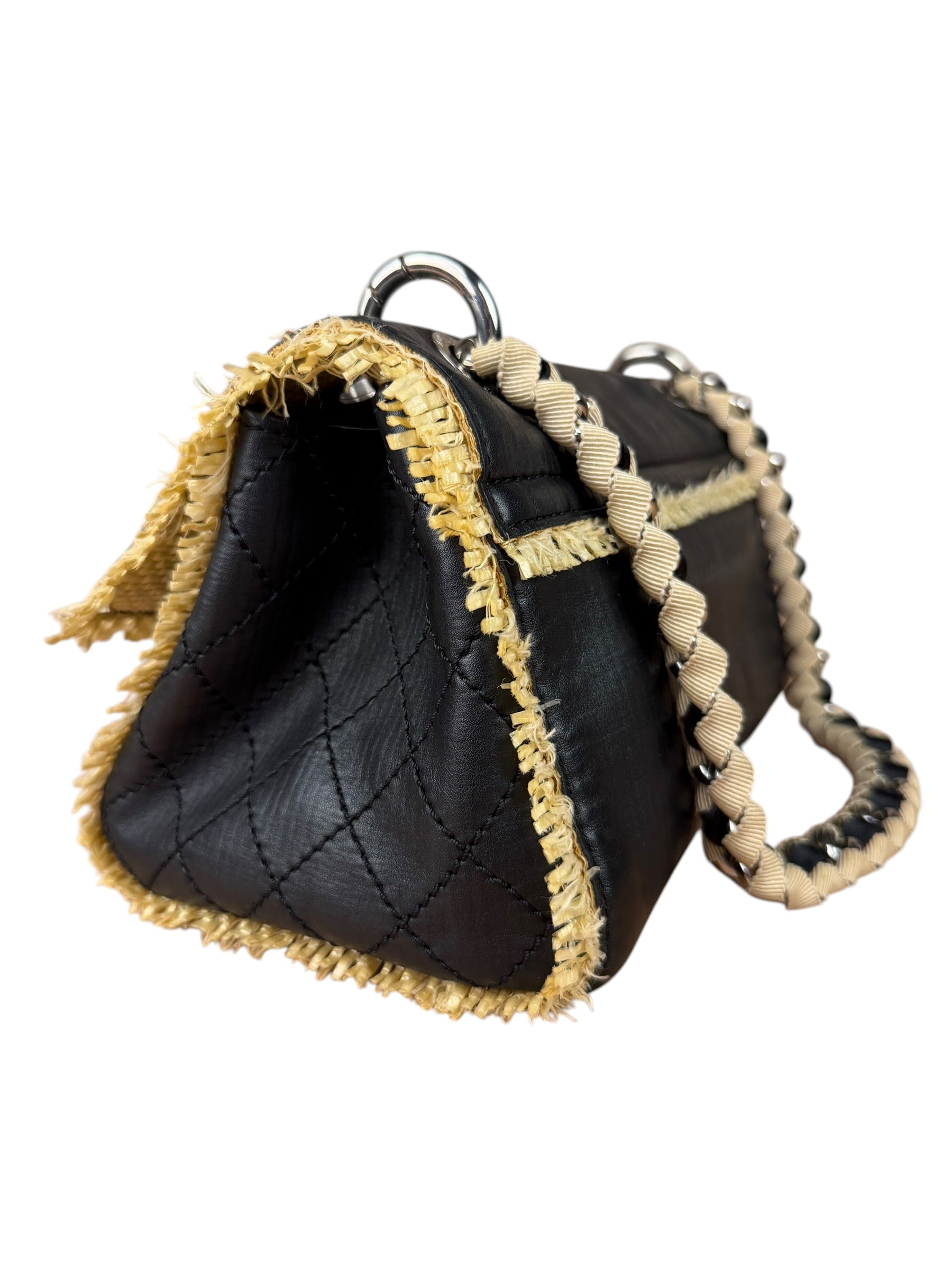 Chanel Black Leather Raffia Fringe CC Flap Shoulder Bag 2009
