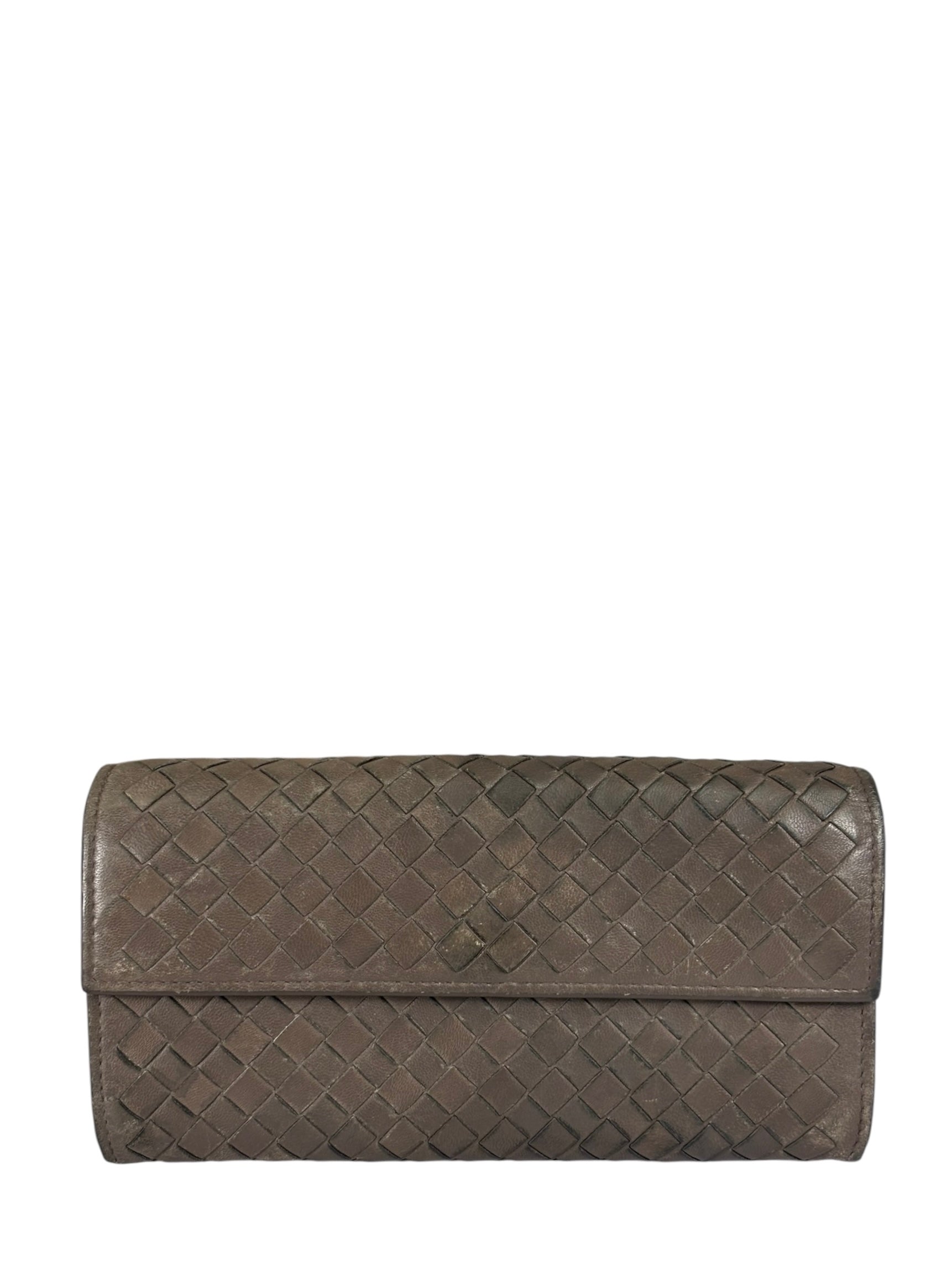 Bottega Veneta Grey Leather Intrecciato Flap Wallet