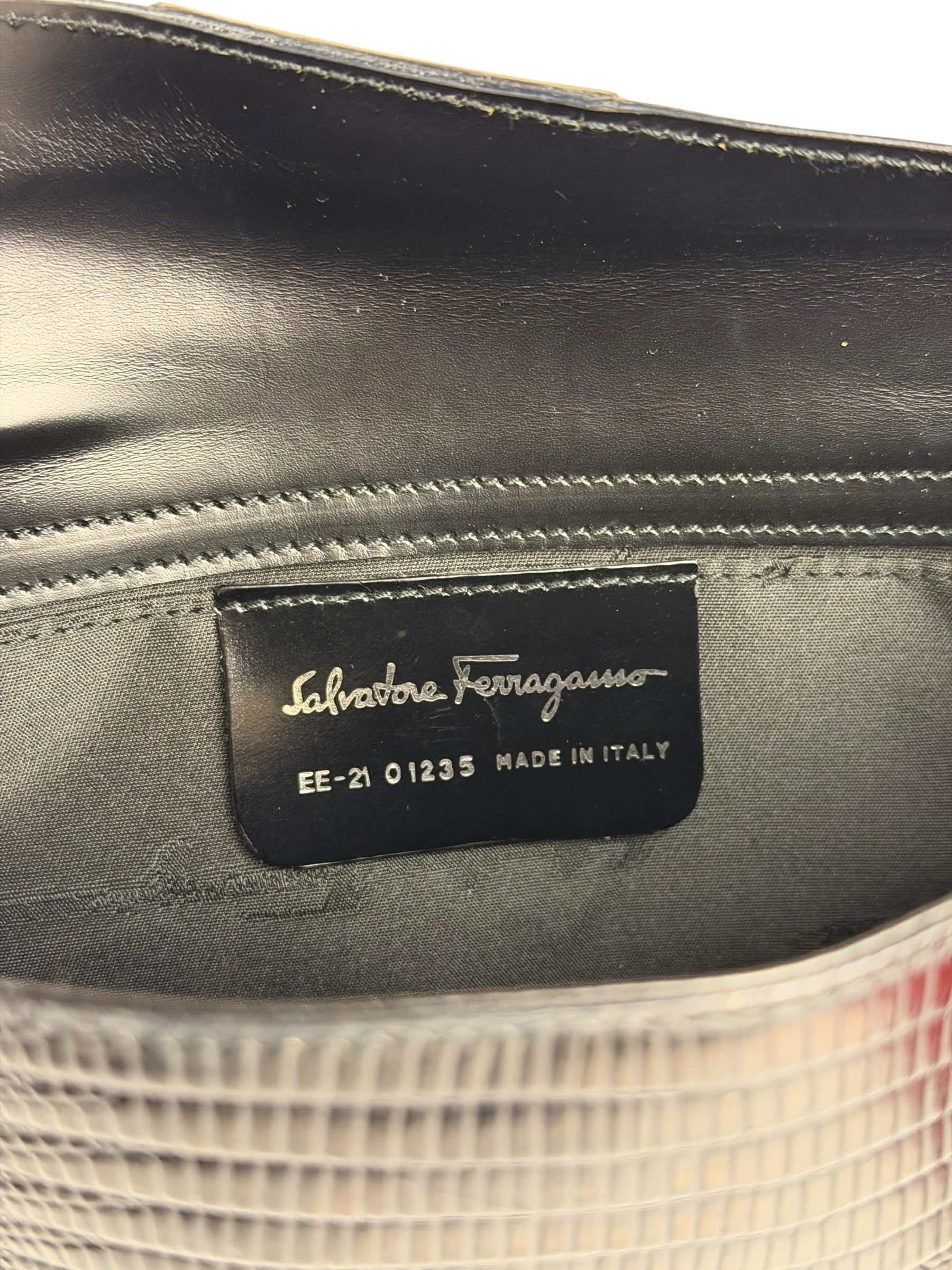 Salvatore Ferragamo Vintage Black Lizard Embossed Leather Pochette