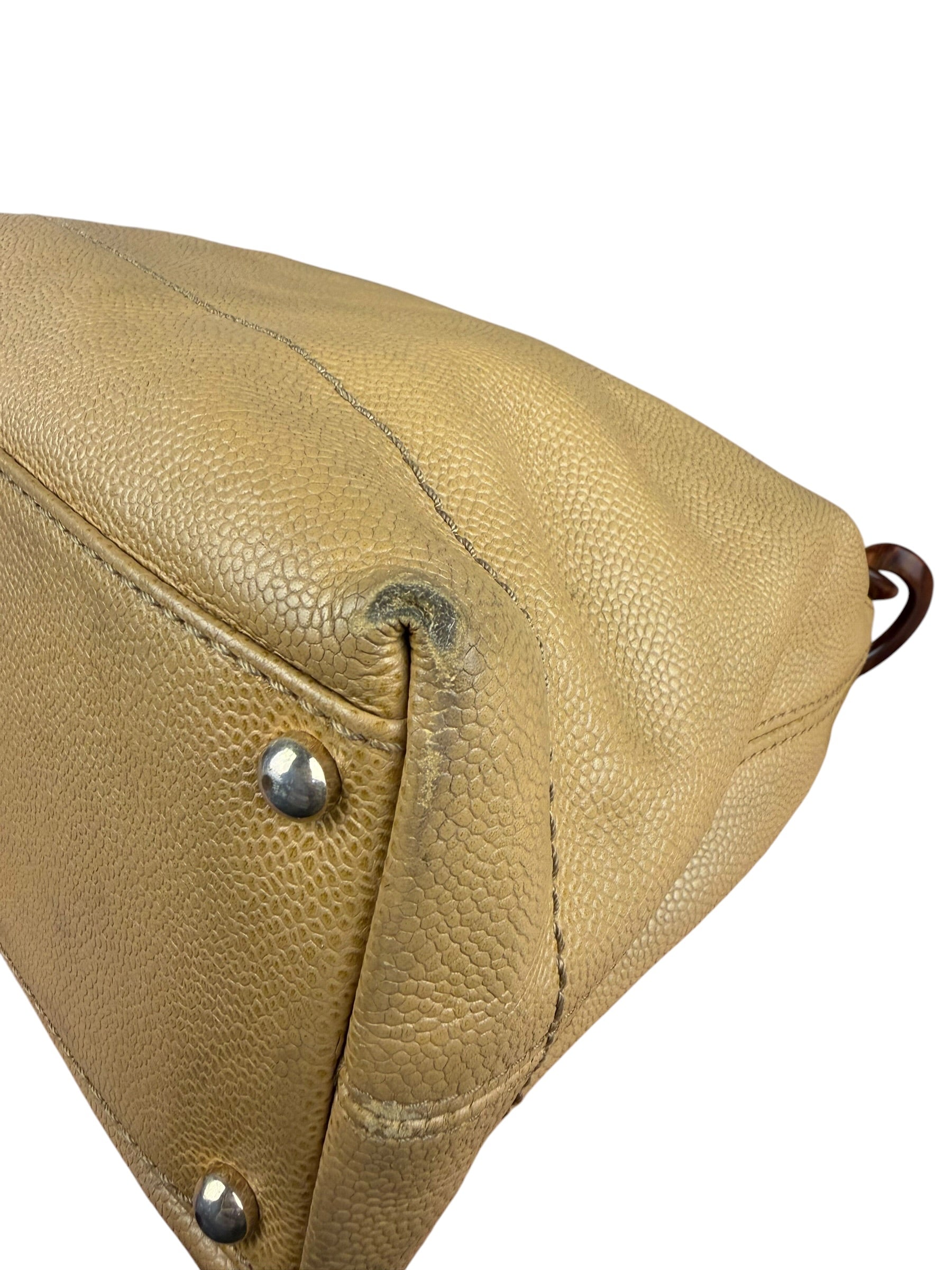 Chanel CC Vintage Beige Leather Caviar Wood Chain Hobo Bag