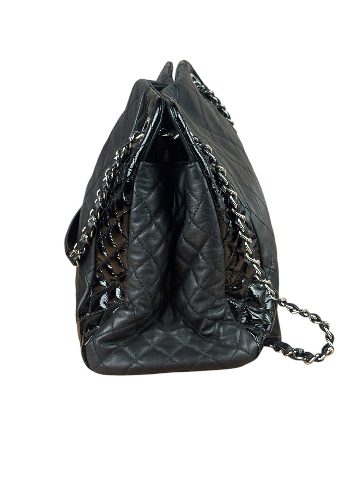 Chanel Black Quilted Patent Lambskin Trim Tote 2014