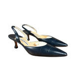 Manolo Blahnik Navy Blue Leather Slingback Kitten Heels