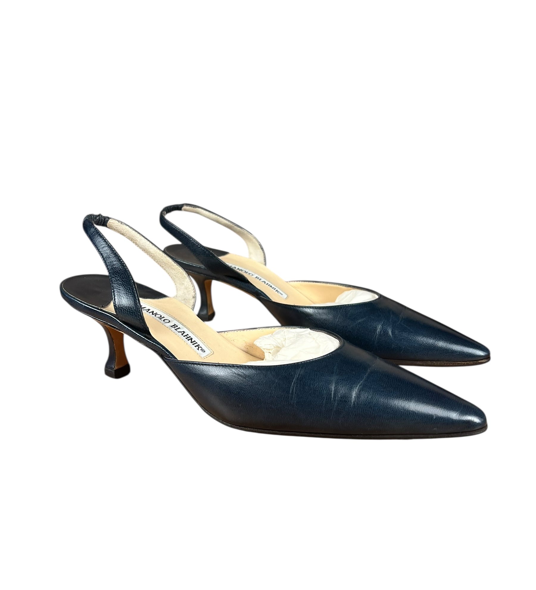 Manolo Blahnik Navy Blue Leather Slingback Kitten Heels