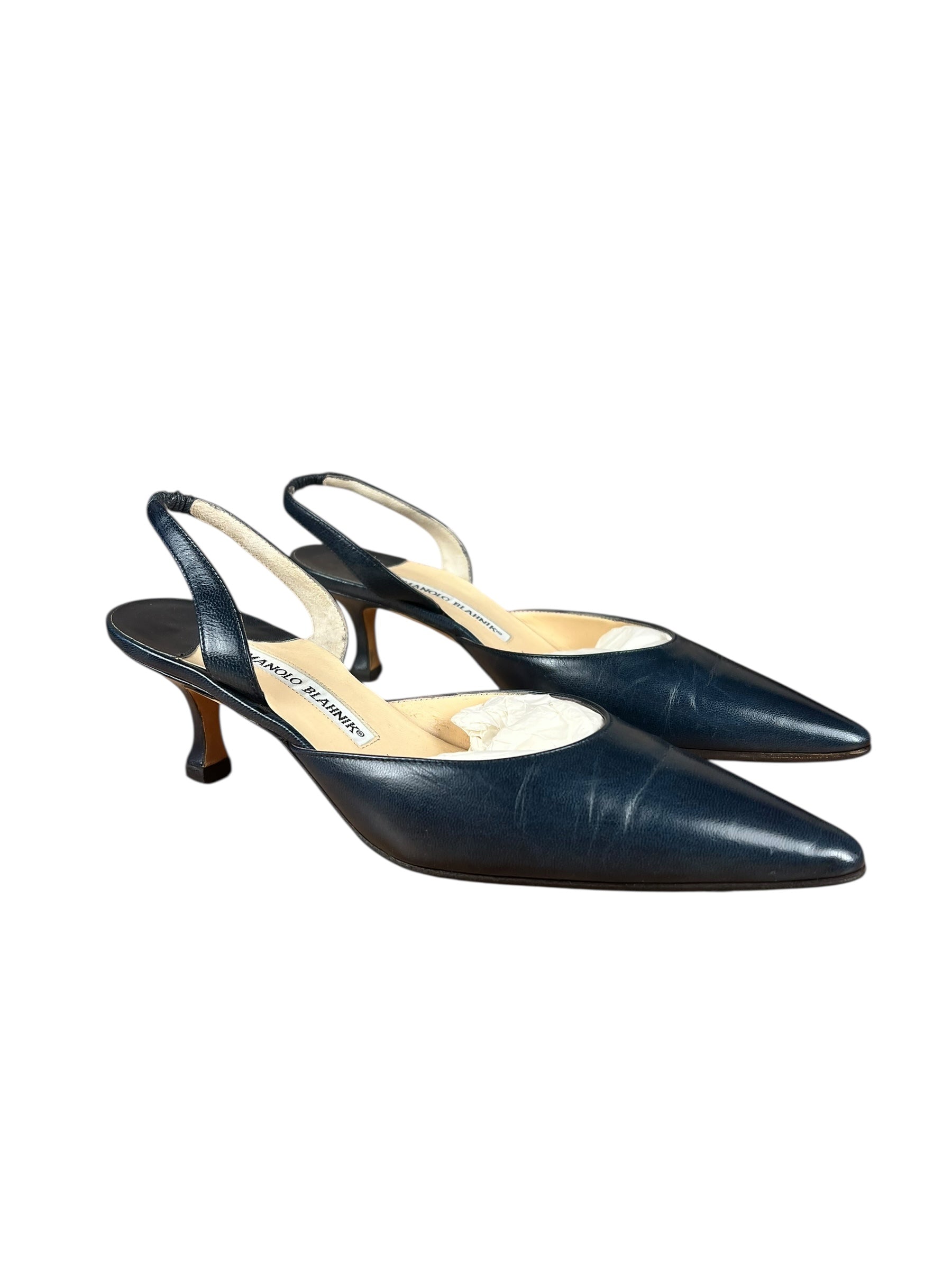 Manolo Blahnik Navy Blue Leather Slingback Kitten Heels