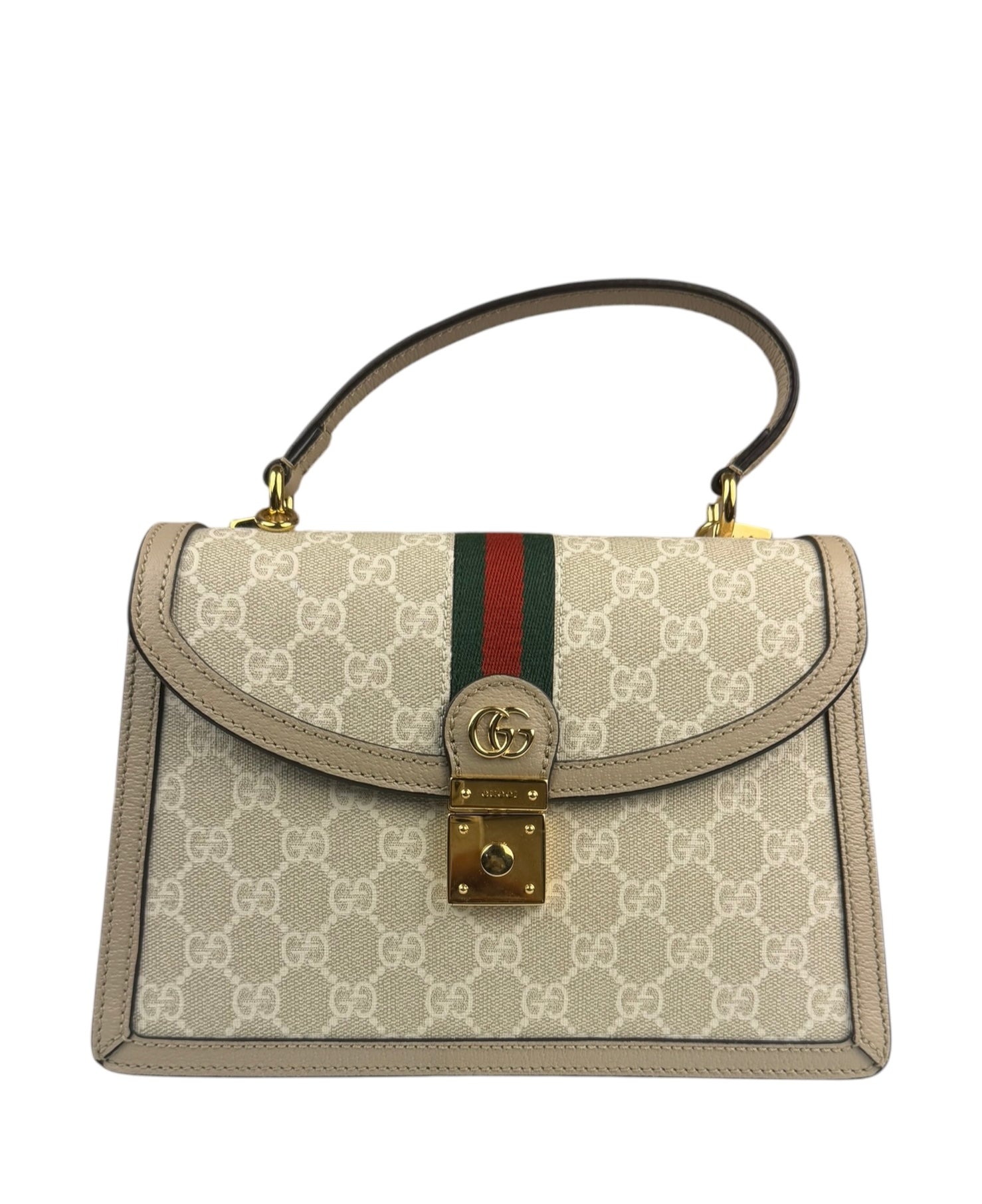 Gucci Beige Leather Trim Medium Ophidia Top Handle Bag