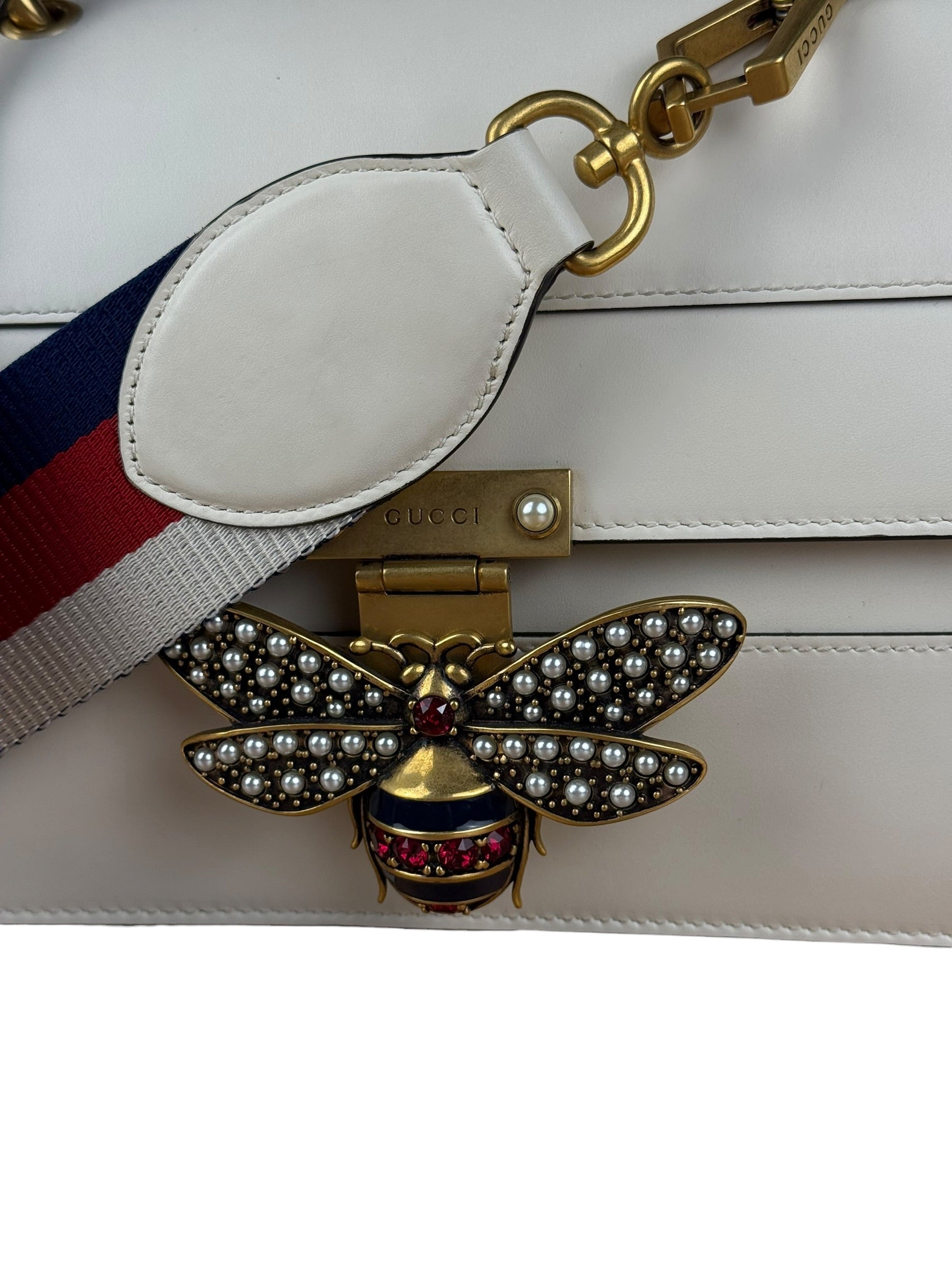 Gucci White Leather Queen Margaret Bee Embellished Shoulder Bag