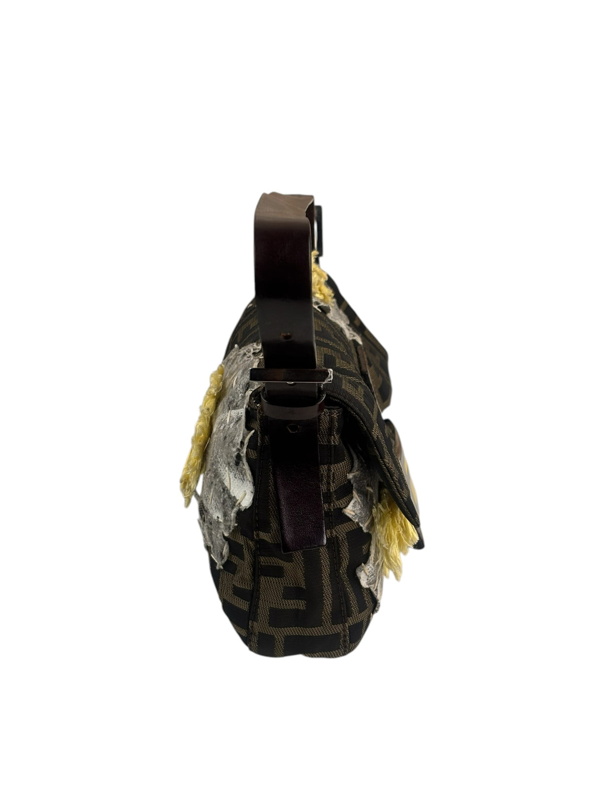 Fendi Brown Leather Trim Zucca Floral Embroidered Baguette