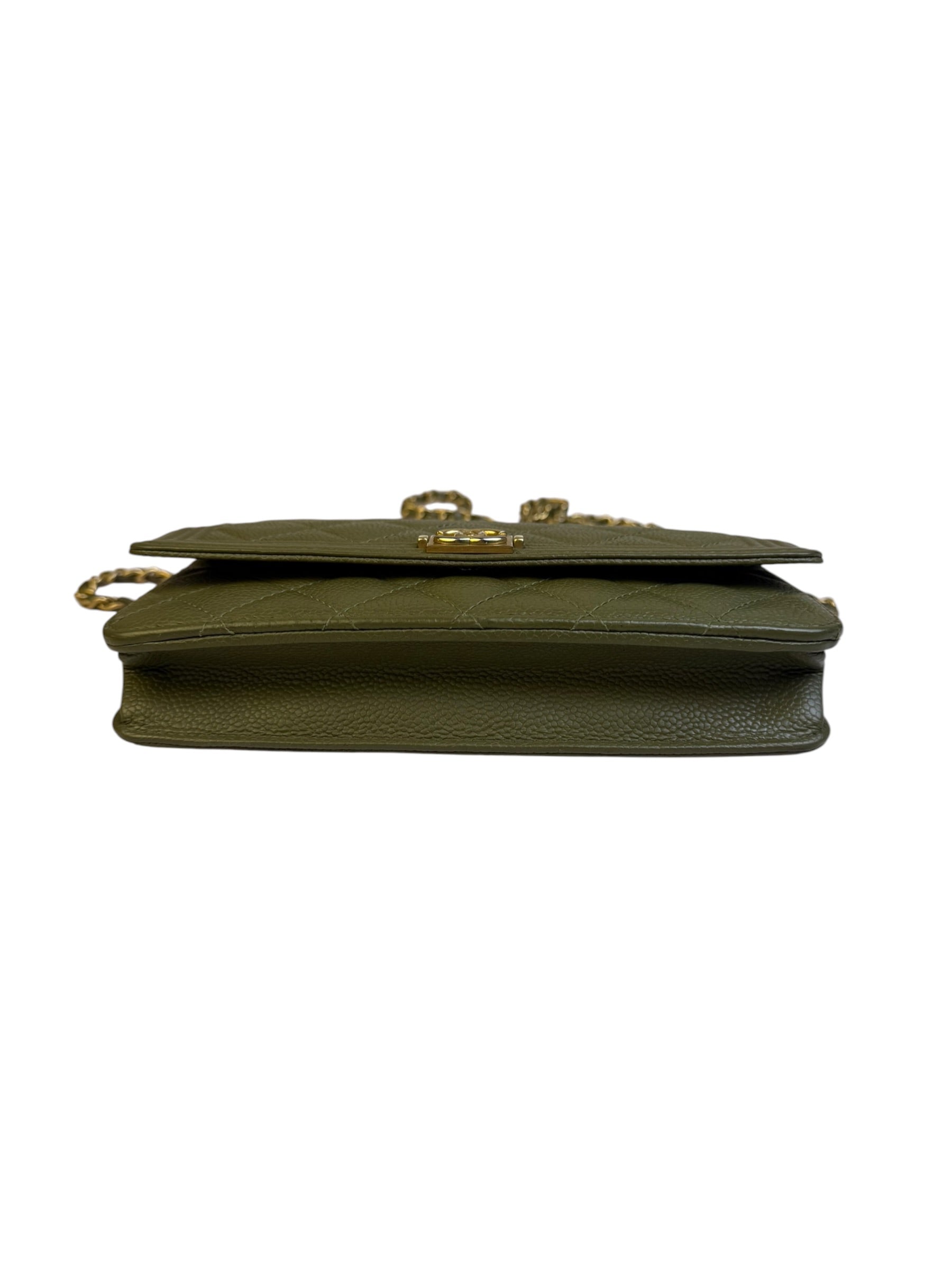 Chanel Olive Green Quilted Caviar Boy Flap Wallet On Chain 2017