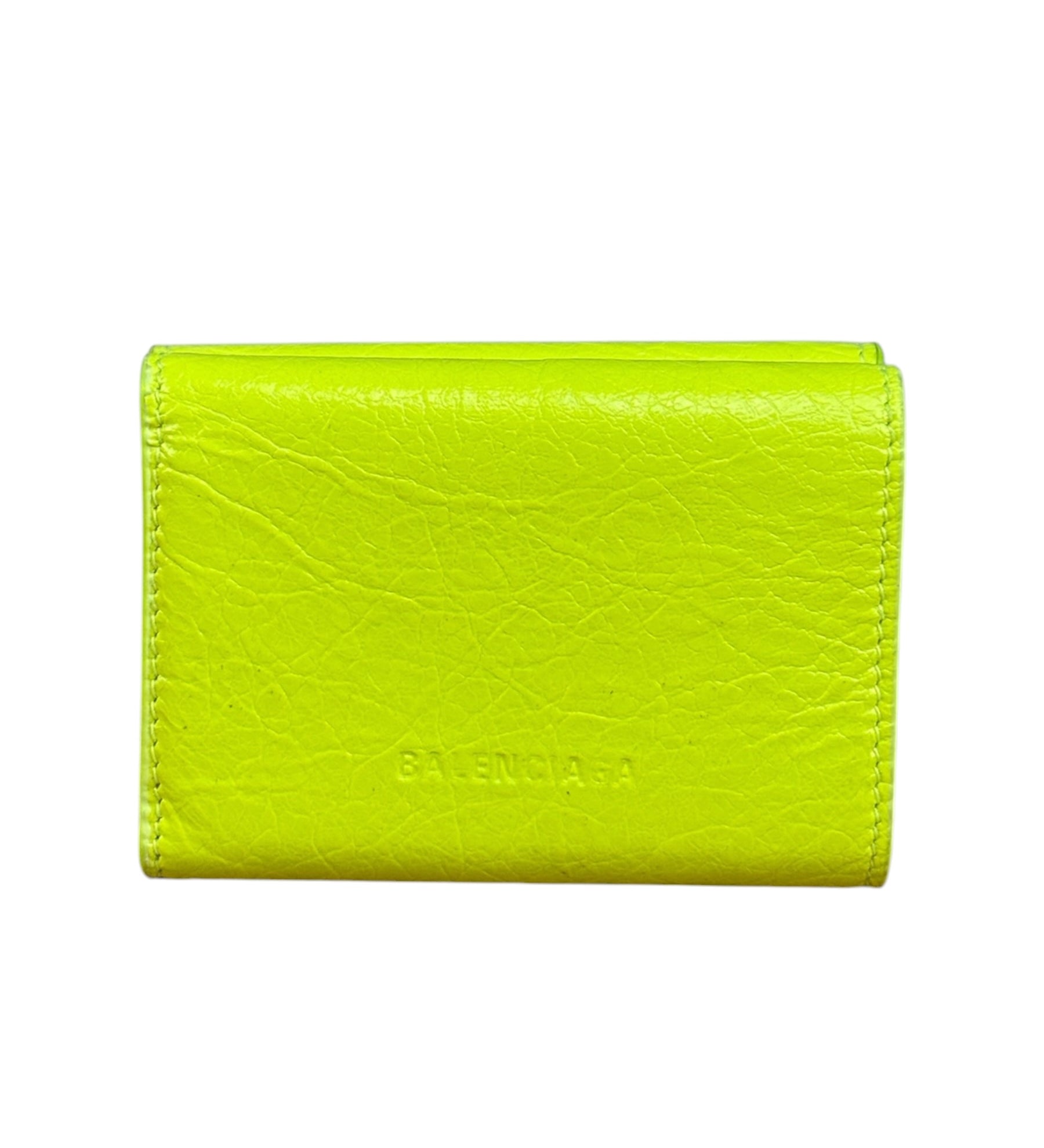 Balenciaga Fluo Neon Yellow Leather Cash Trifold Mini Wallet