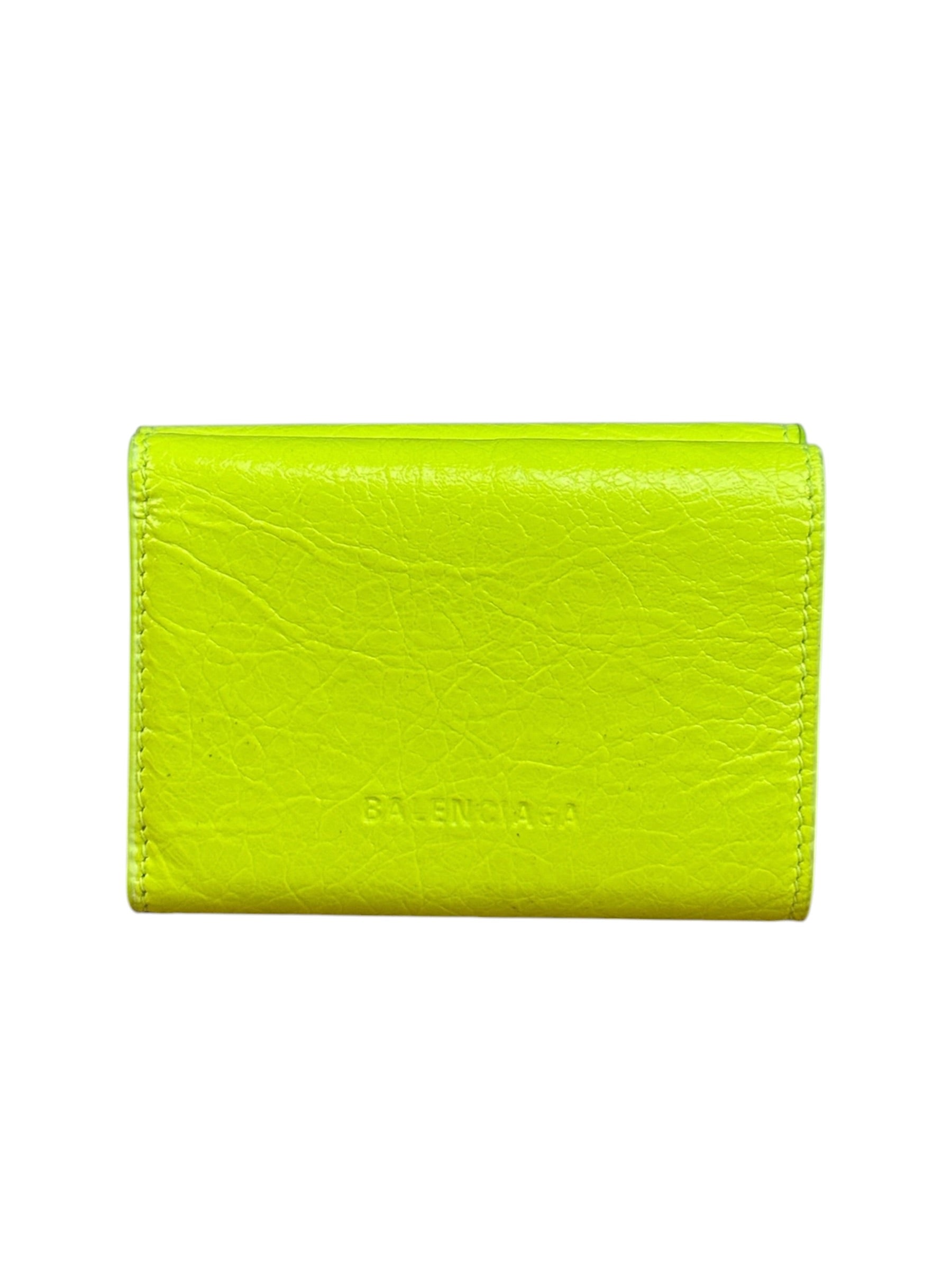 Balenciaga Fluo Neon Yellow Leather Cash Trifold Mini Wallet