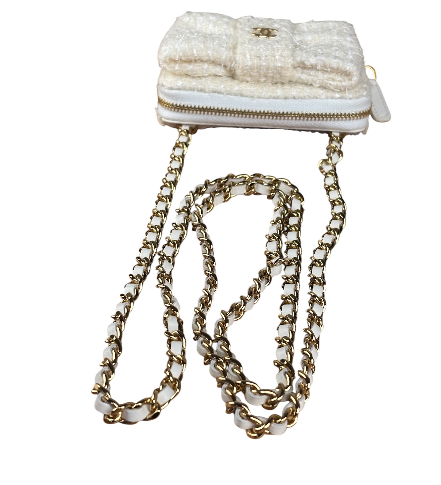 Chanel White Tweed Quilted Bow Wallet On Chain