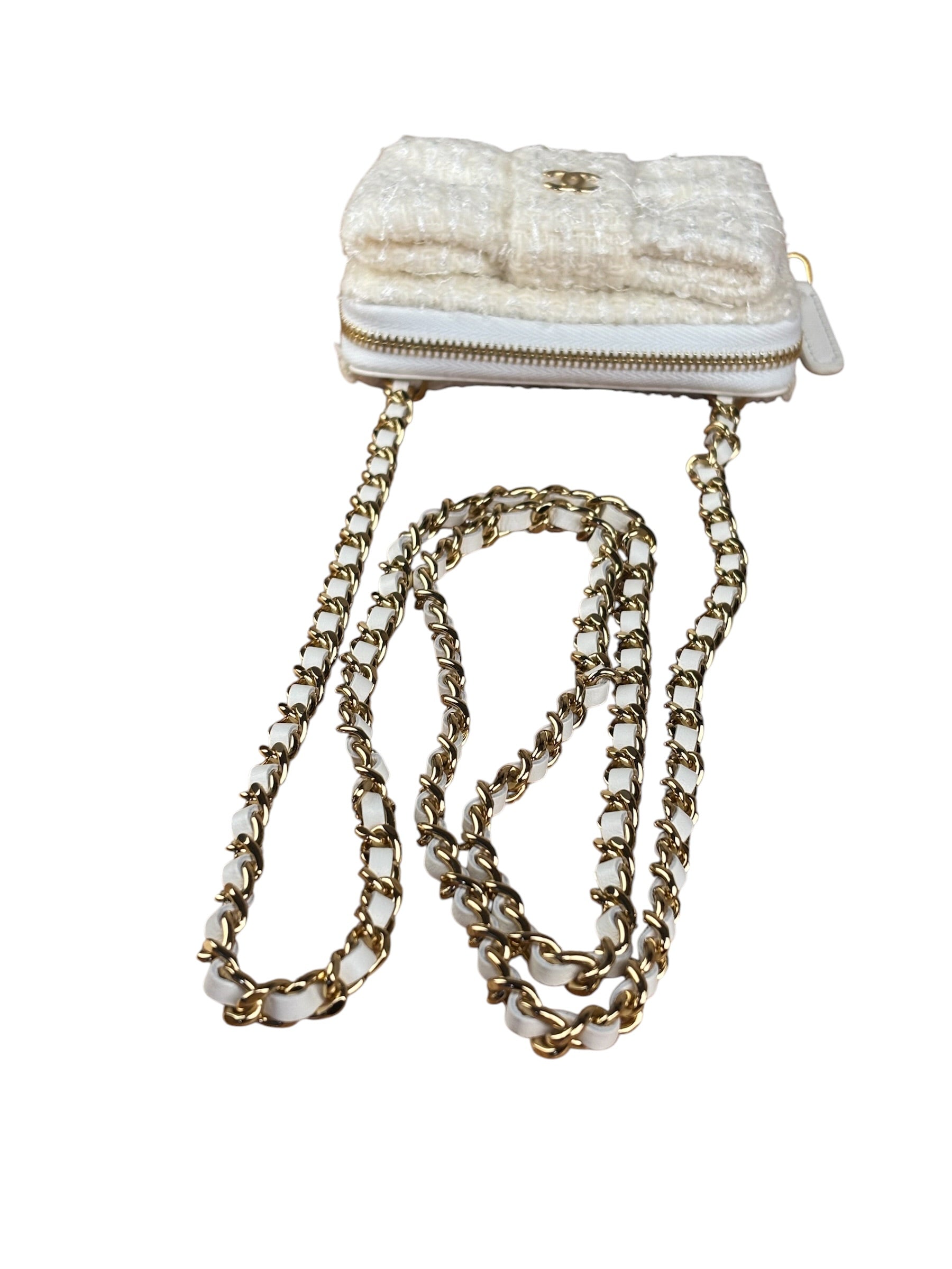 Chanel White Tweed Quilted Bow Wallet On Chain