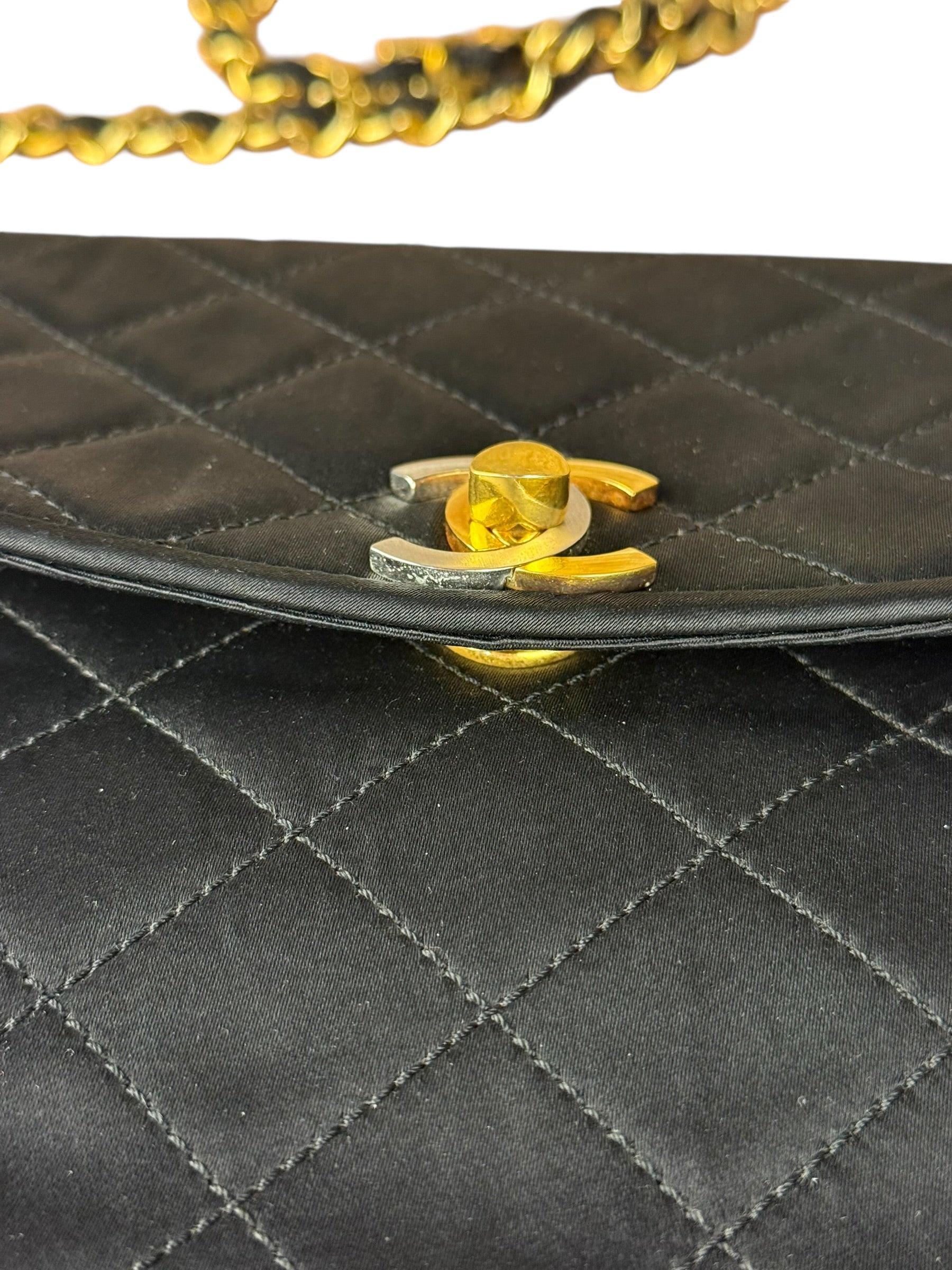 Chanel Vintage CC Black Satin Half-Moon Flap Bag 1991