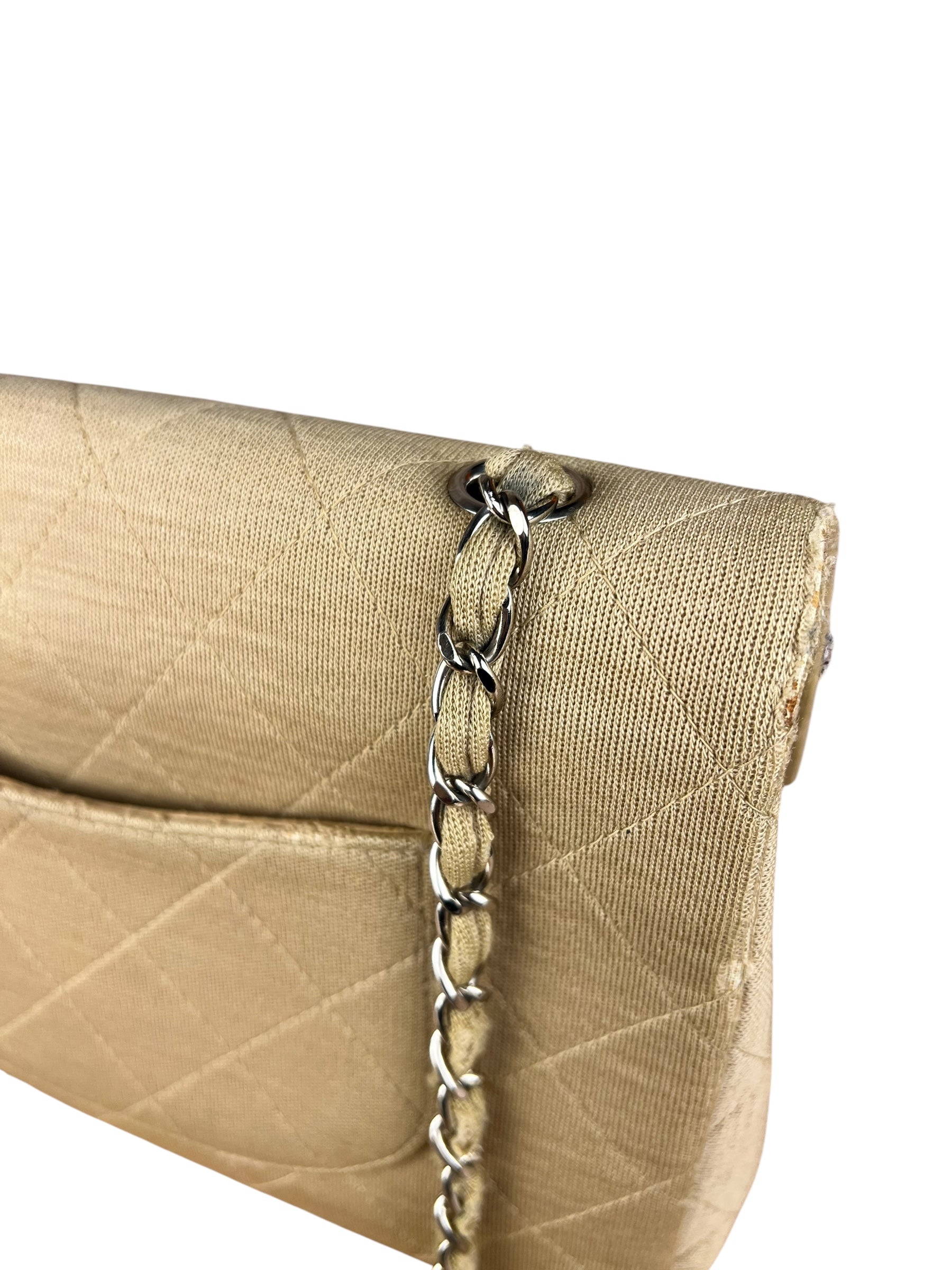 Chanel Vintage Beige Jersey Quilted Classic Flap Bag