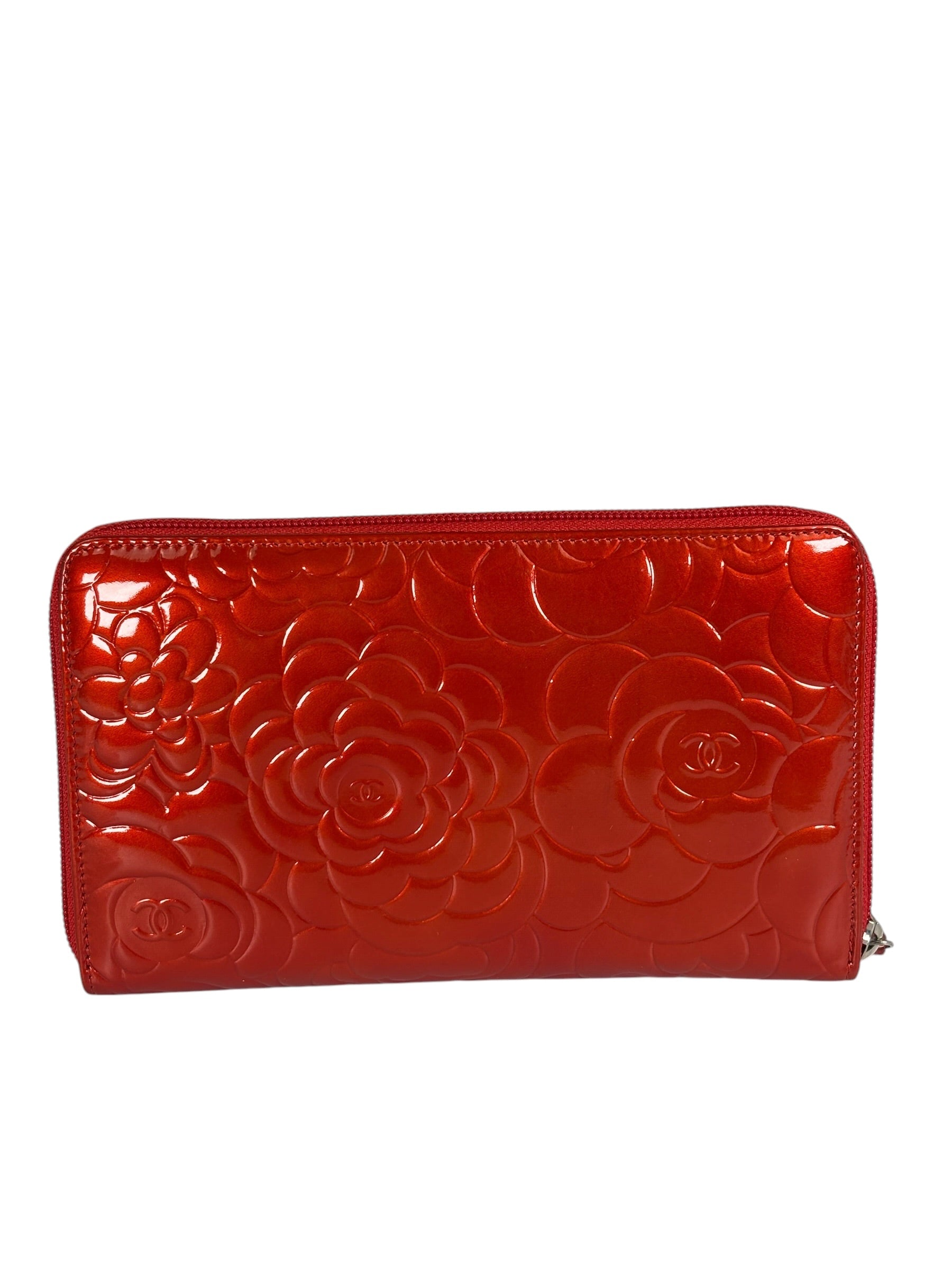 Chanel Red Patent Leather Embossed Camellia Zip-Around Wallet 2010