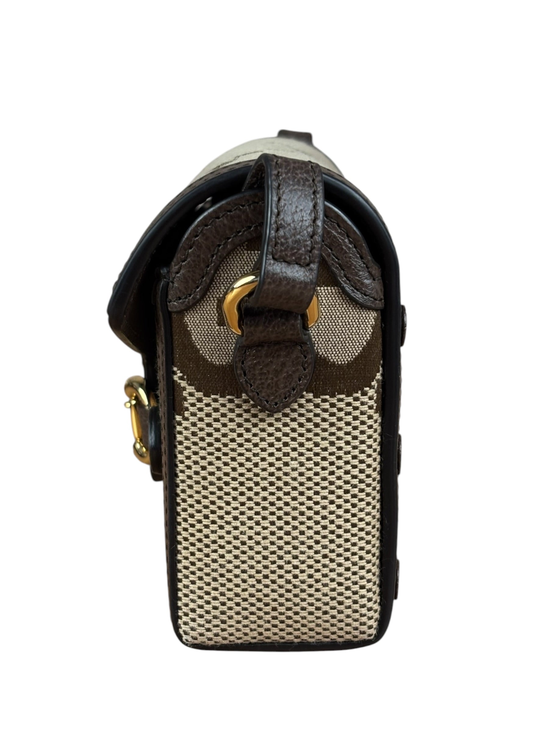 Gucci Brown Leather Trim Monogram Jumbo GG Mini Shoulder Bag