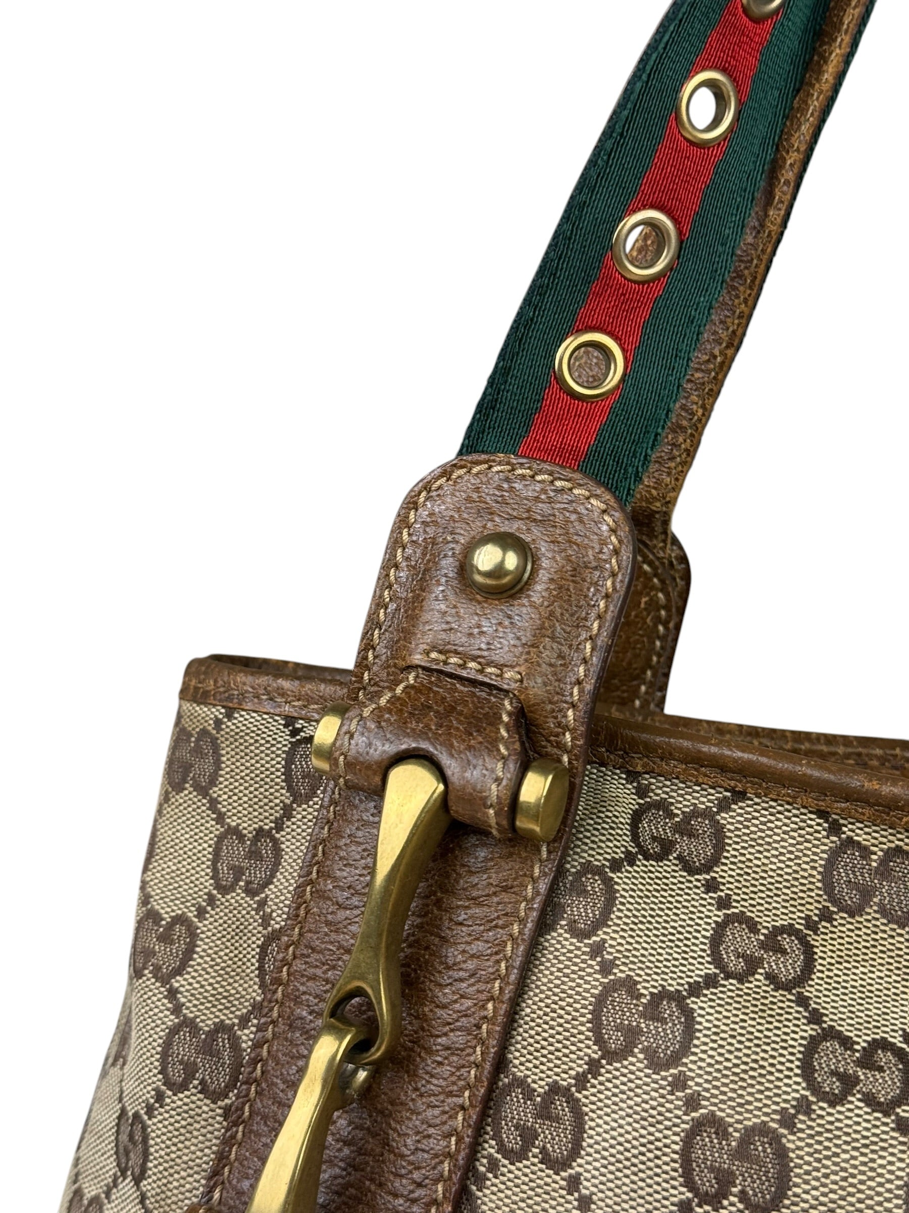 Gucci Vintage Brown Leather Trim Grommet Web Shoulder Bag